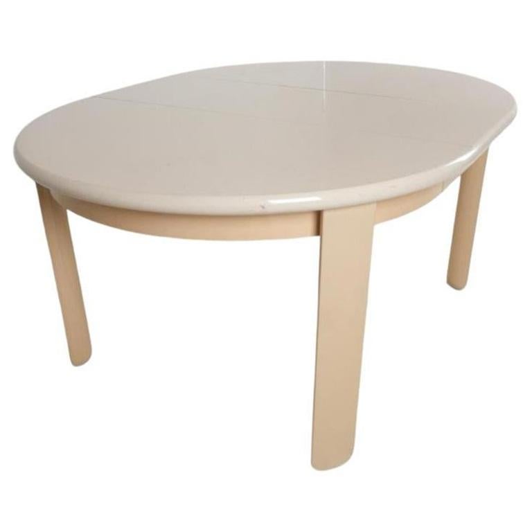 Post-Modern Superb Post modern gloss lacquer tan round oval dining table with 1 leaf For Sale