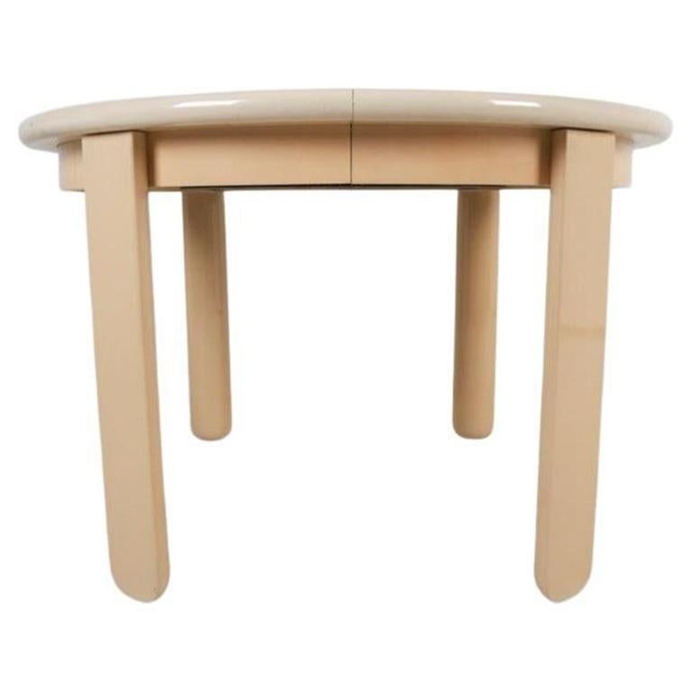 Woodwork Superb Post modern gloss lacquer tan round oval dining table with 1 leaf For Sale