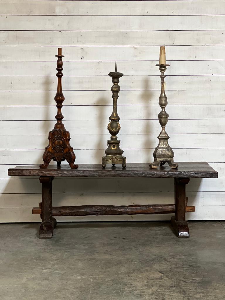 A simply wonderful antique refectory farmhouse table. Originating in France in the 19th Century and having just bags of rustic charm and character, I don’t think I have ever seen a table quiet like this one. Made from solid Oak with a chunky thick