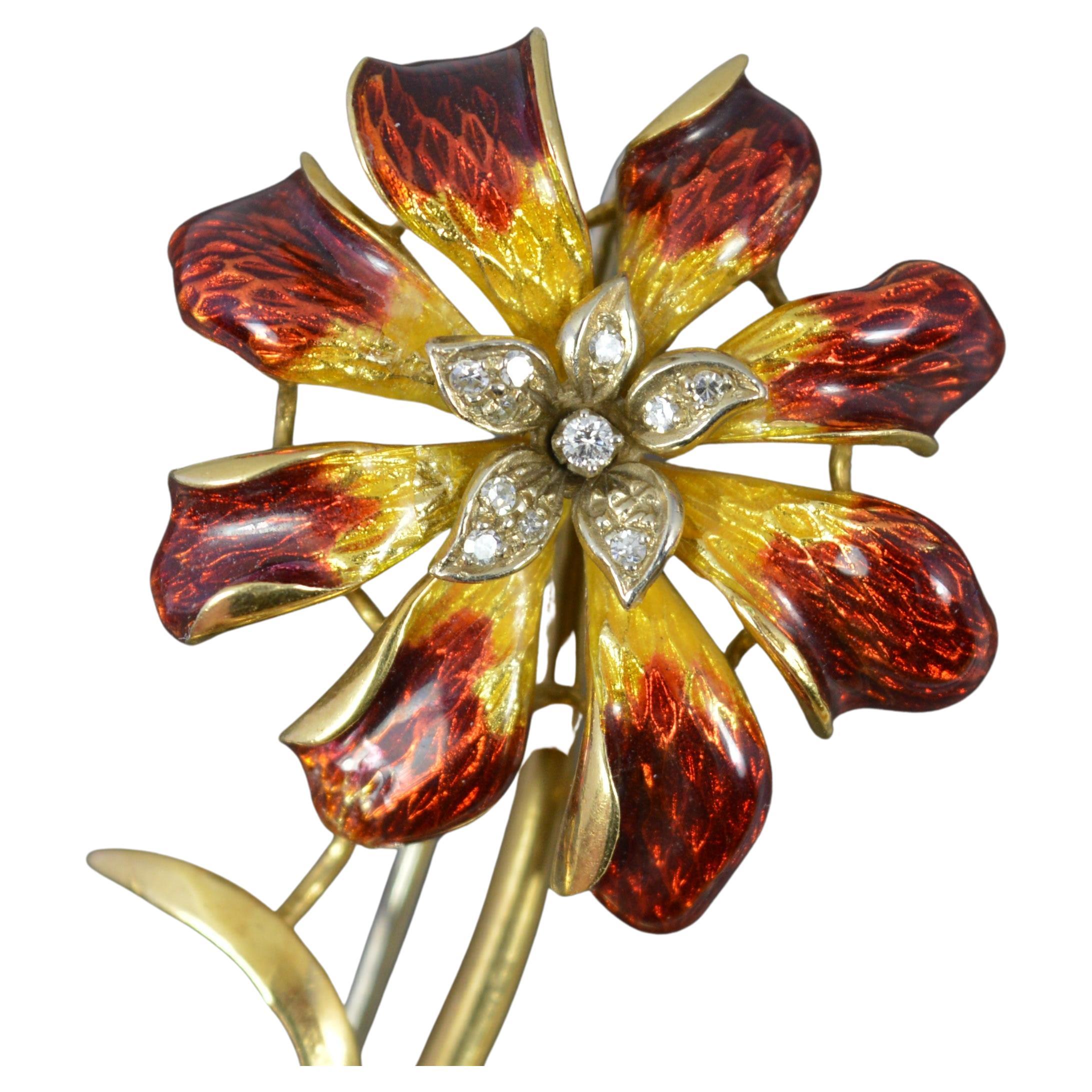 Superb Quality 18 Carat Gold Diamond and Enamel Flower Brooch