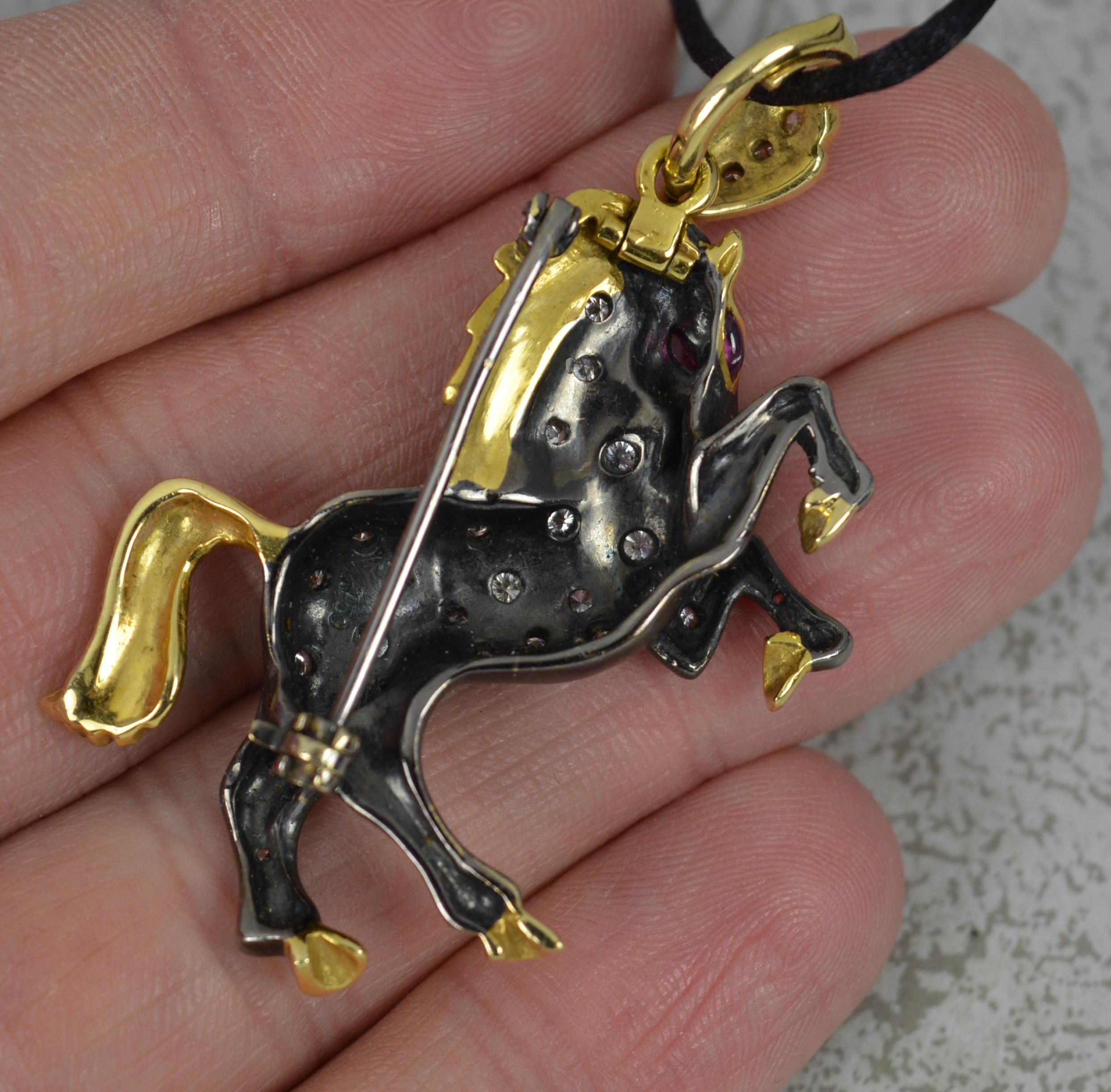 Superb Quality 18 Carat Gold Ruby and Diamond Horse Pendant Brooch In Excellent Condition For Sale In St Helens, GB