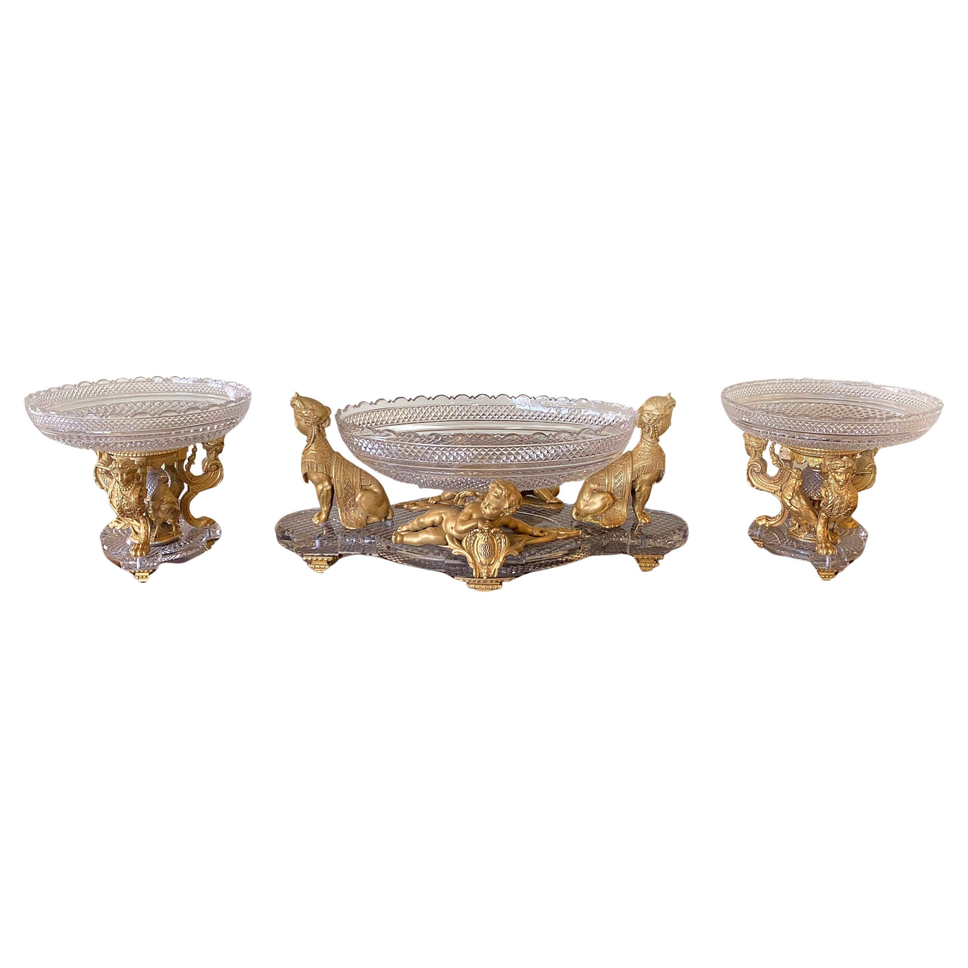 Superb Quality 19th Century Bronze and Crystal Three Piece Garniture By Baccarat