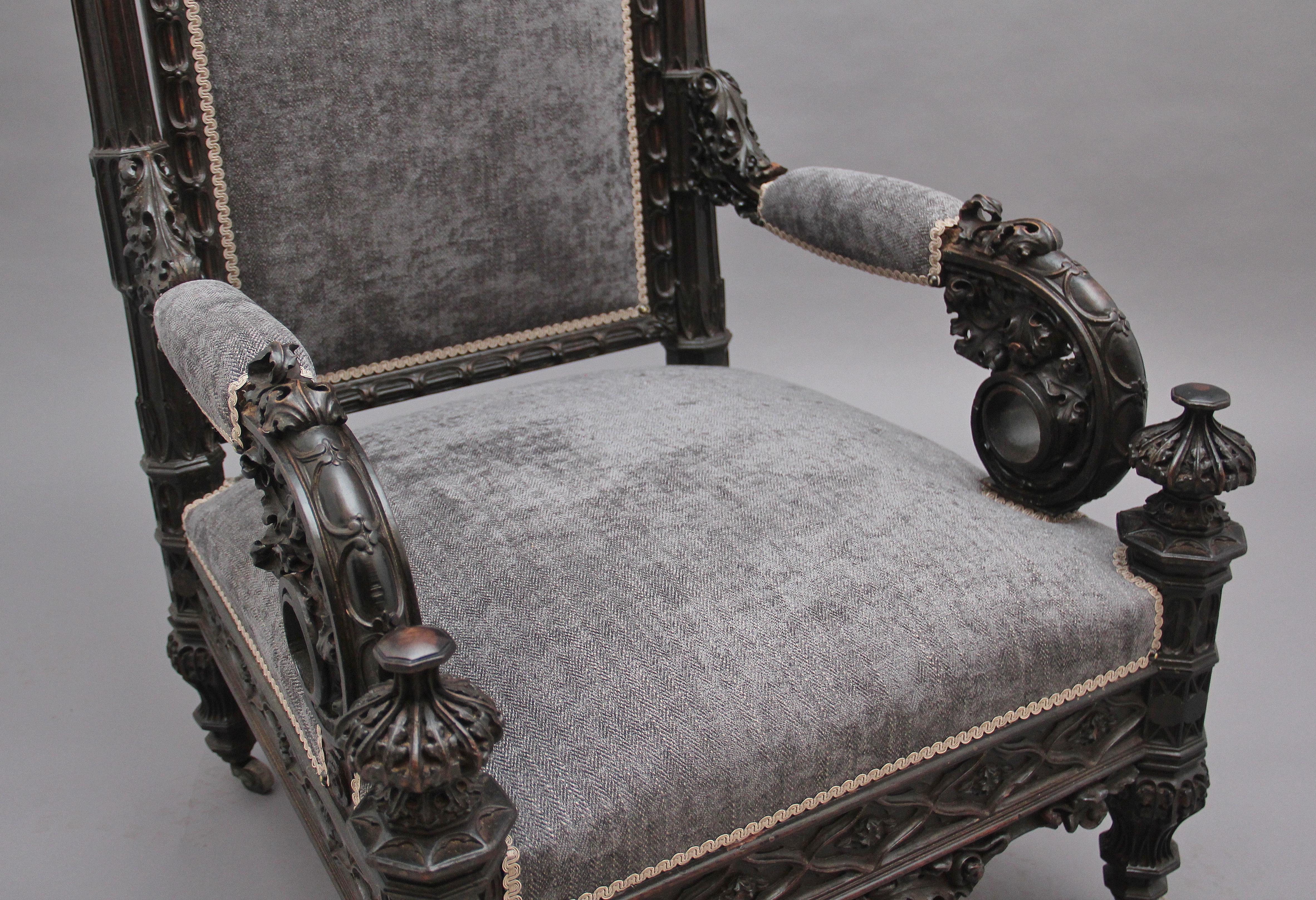Superb Quality 19th Century Carved Gothic Style Armchair For Sale 1