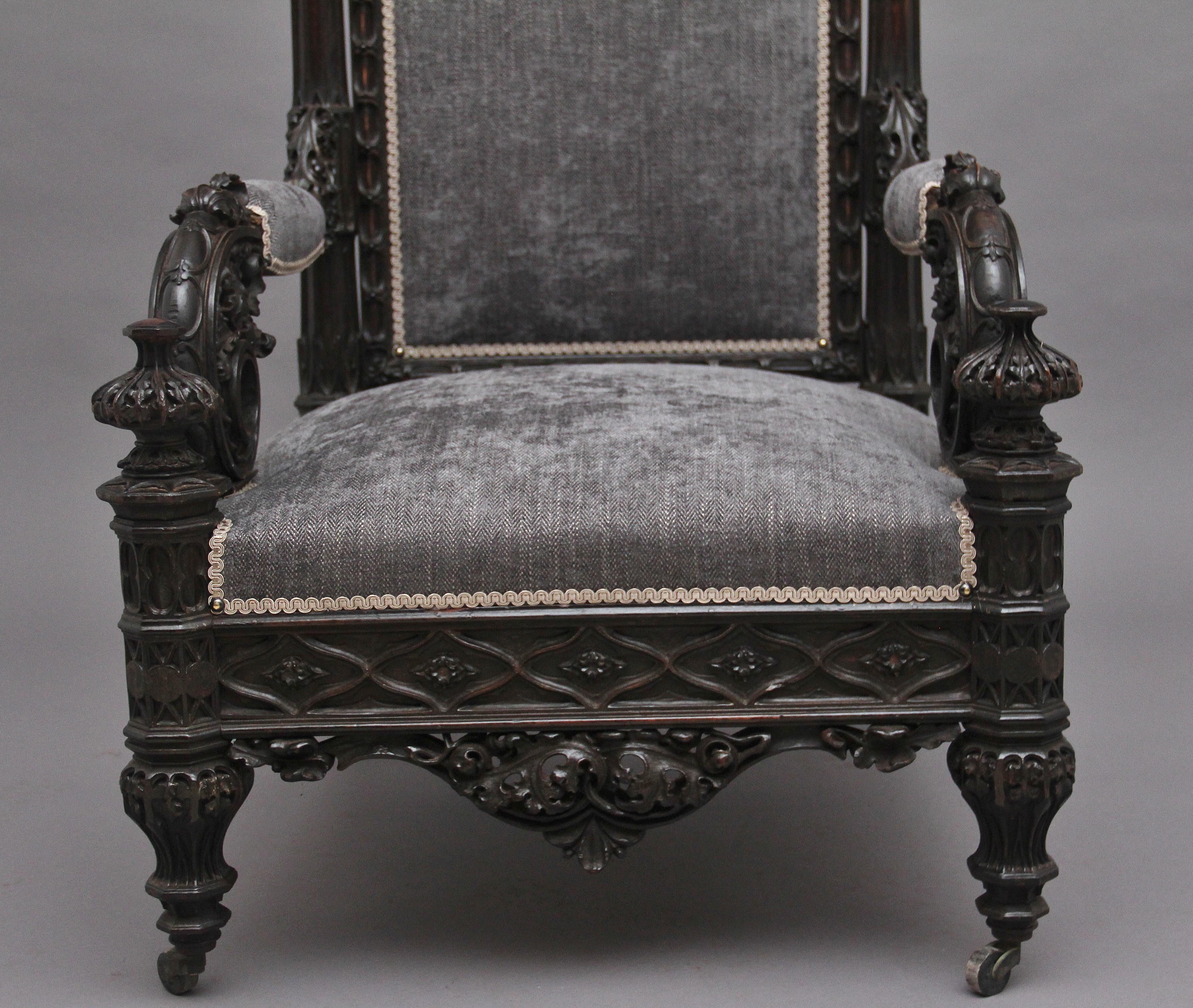 Superb Quality 19th Century Carved Gothic Style Armchair For Sale 3