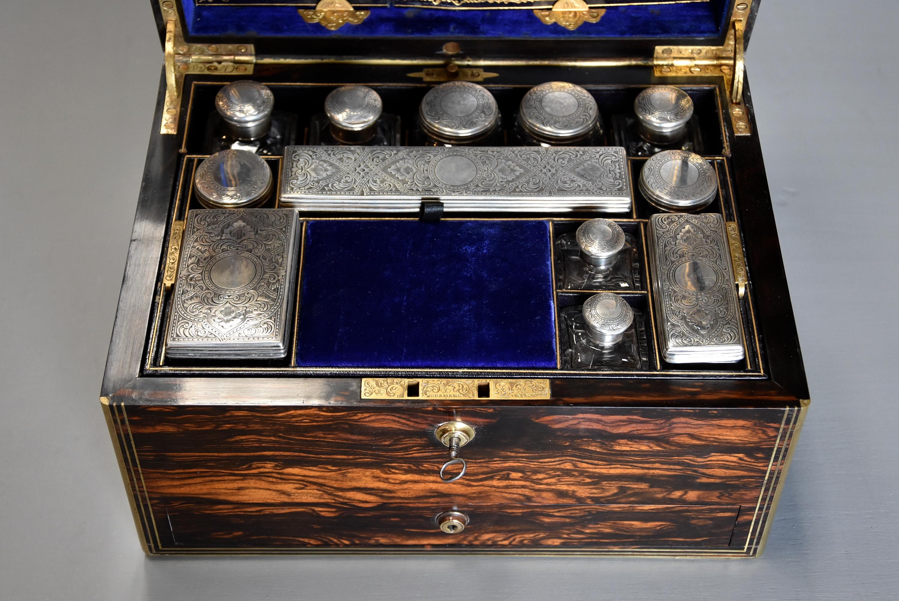 Silver Superb Quality 19th Century Coromandel and Brass Bound Travelling Vanity Box