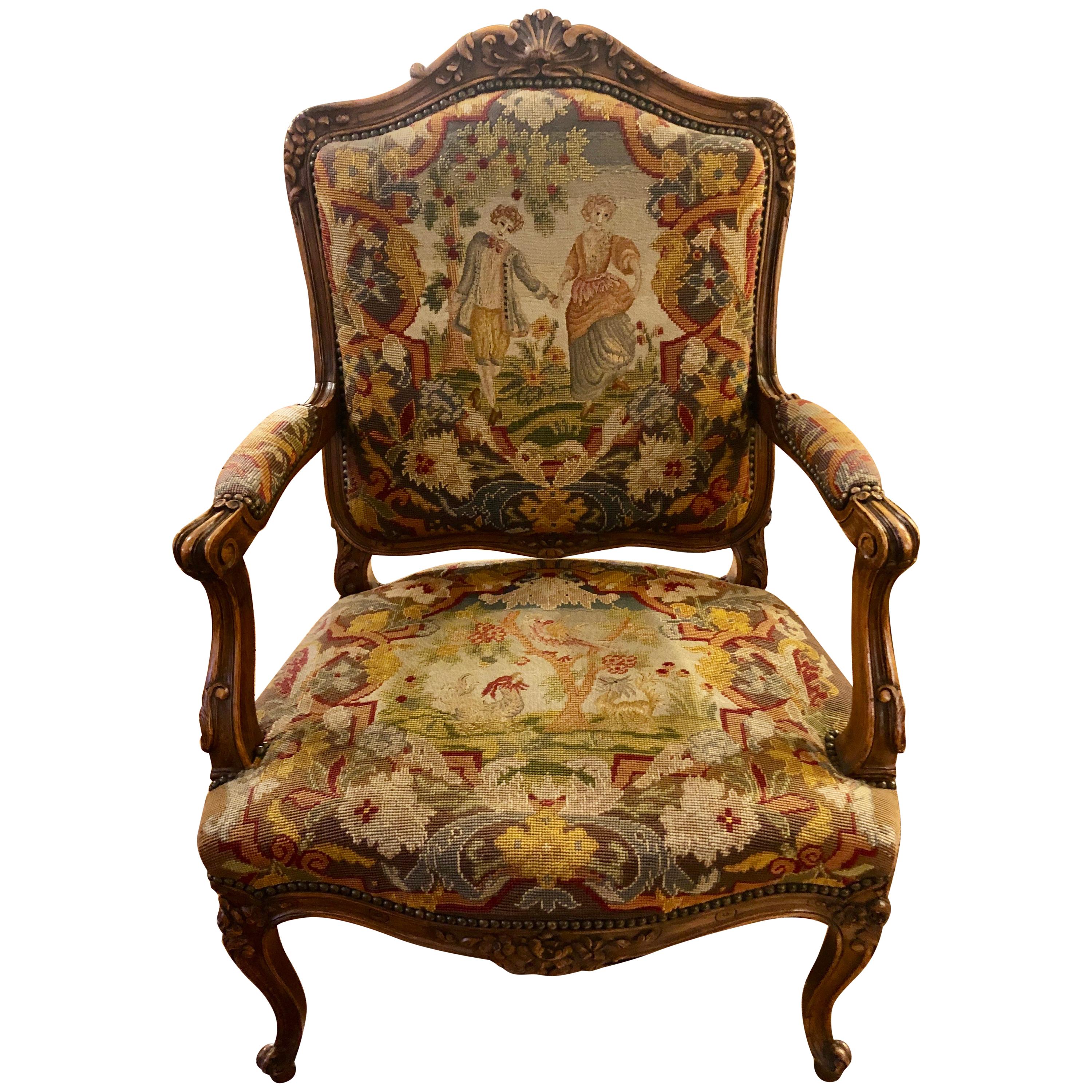 Superb Quality 19th Century French Carved Walnut and Tapestry Armchair For Sale