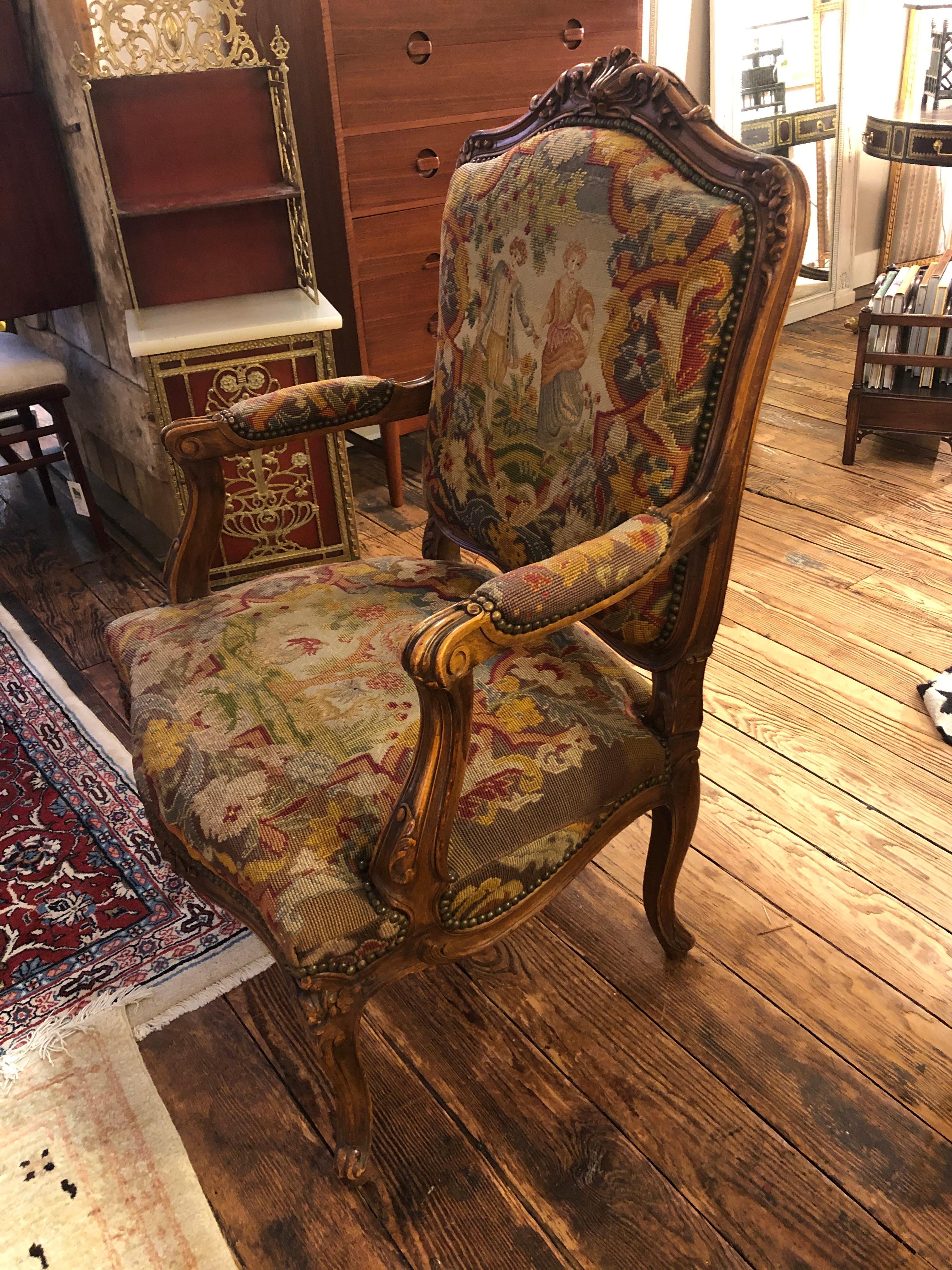 Louis XVI Superb Quality 19th Century French Carved Walnut and Tapestry Armchair For Sale