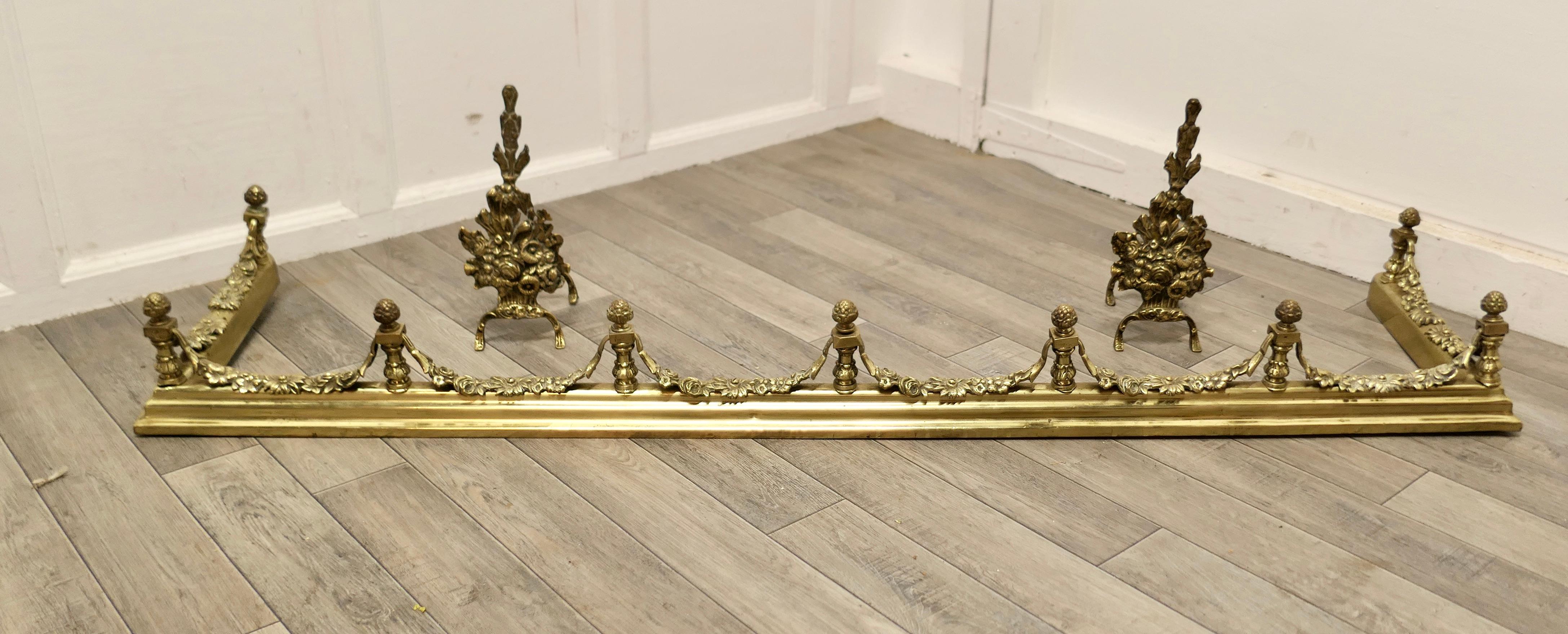 Superb Quality and Design 19th Century Heavy Brass Fender with Andirons For Sale 4