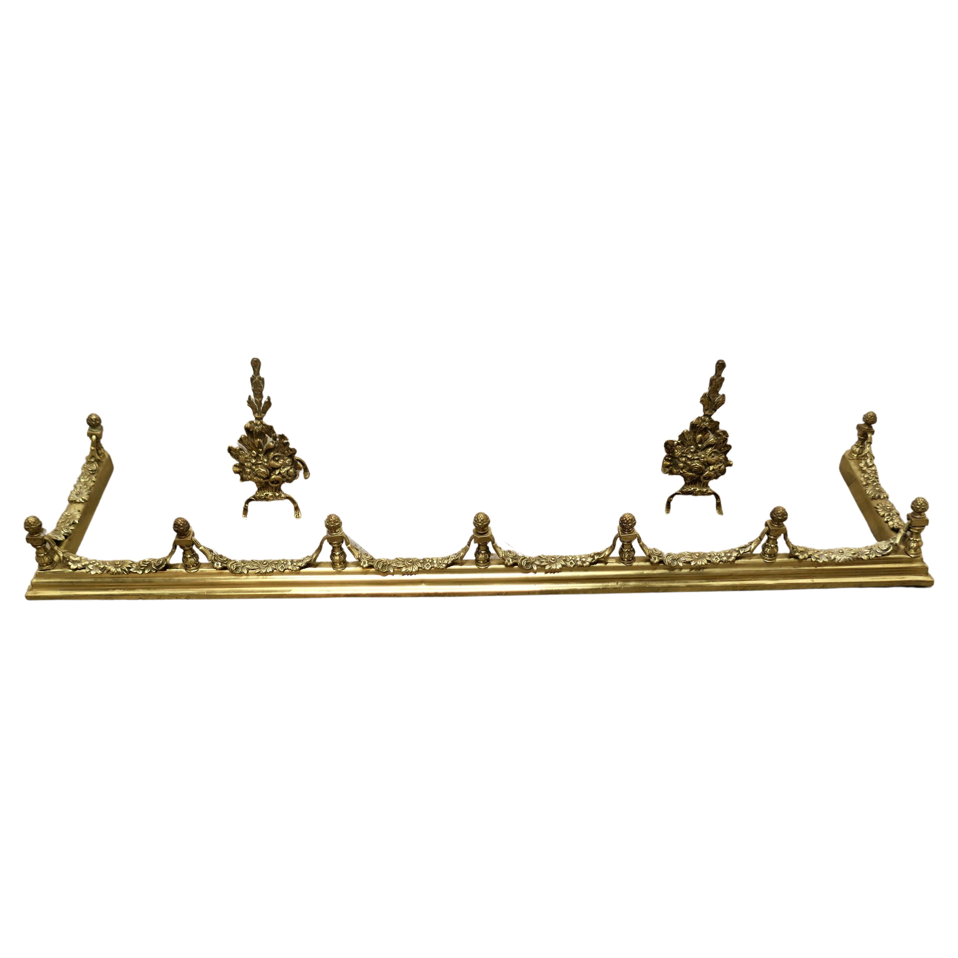 Superb Quality and Design 19th Century Heavy Brass Fender with Andirons For Sale