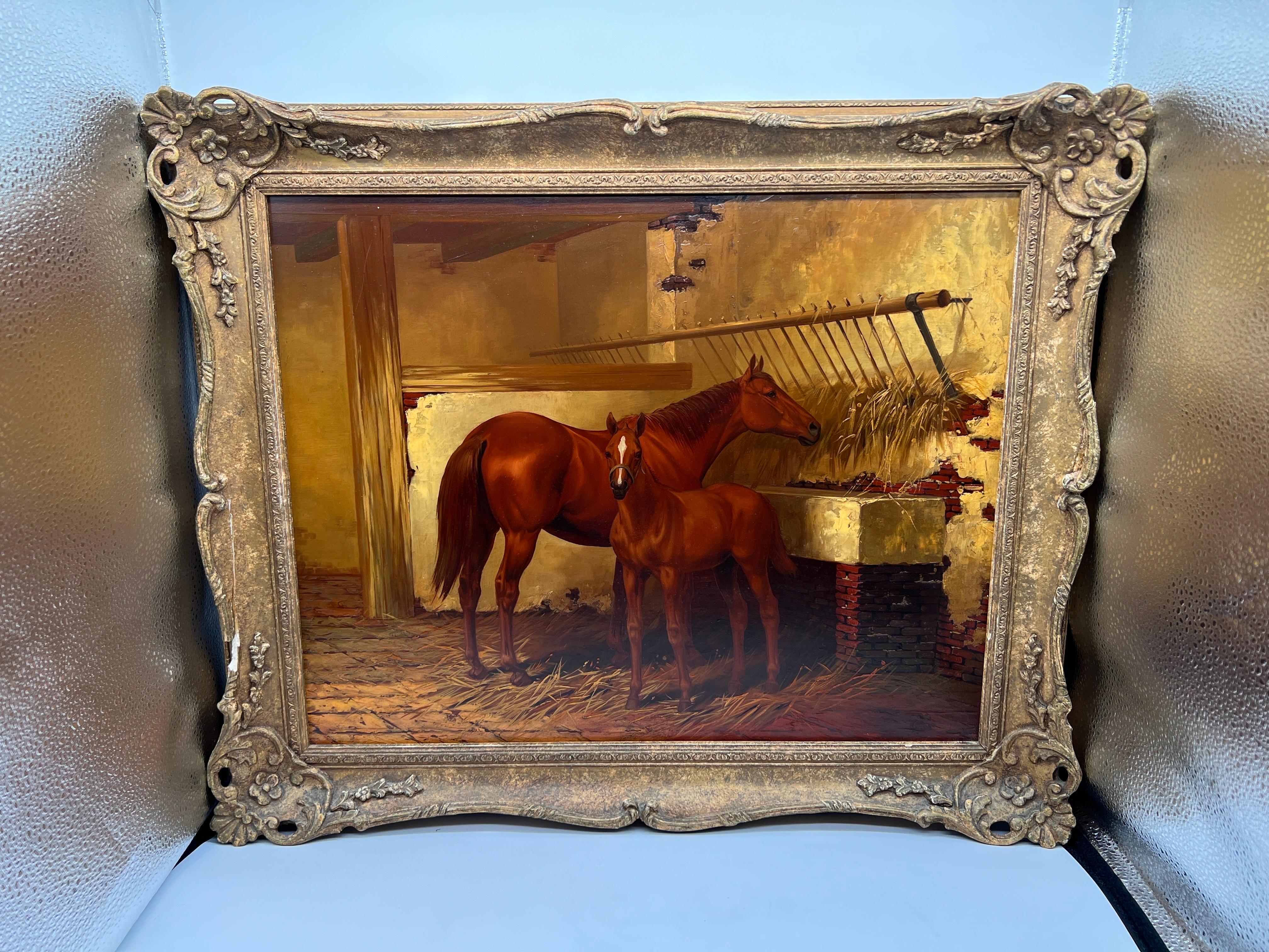 British or French School, late 19th century. 

A superb quality painting depicting an equestrian thoroughbred Mare & Foal, which are resting and feeding in a stable. The painting is signed to the lower right illegibly but quality indicates a quality