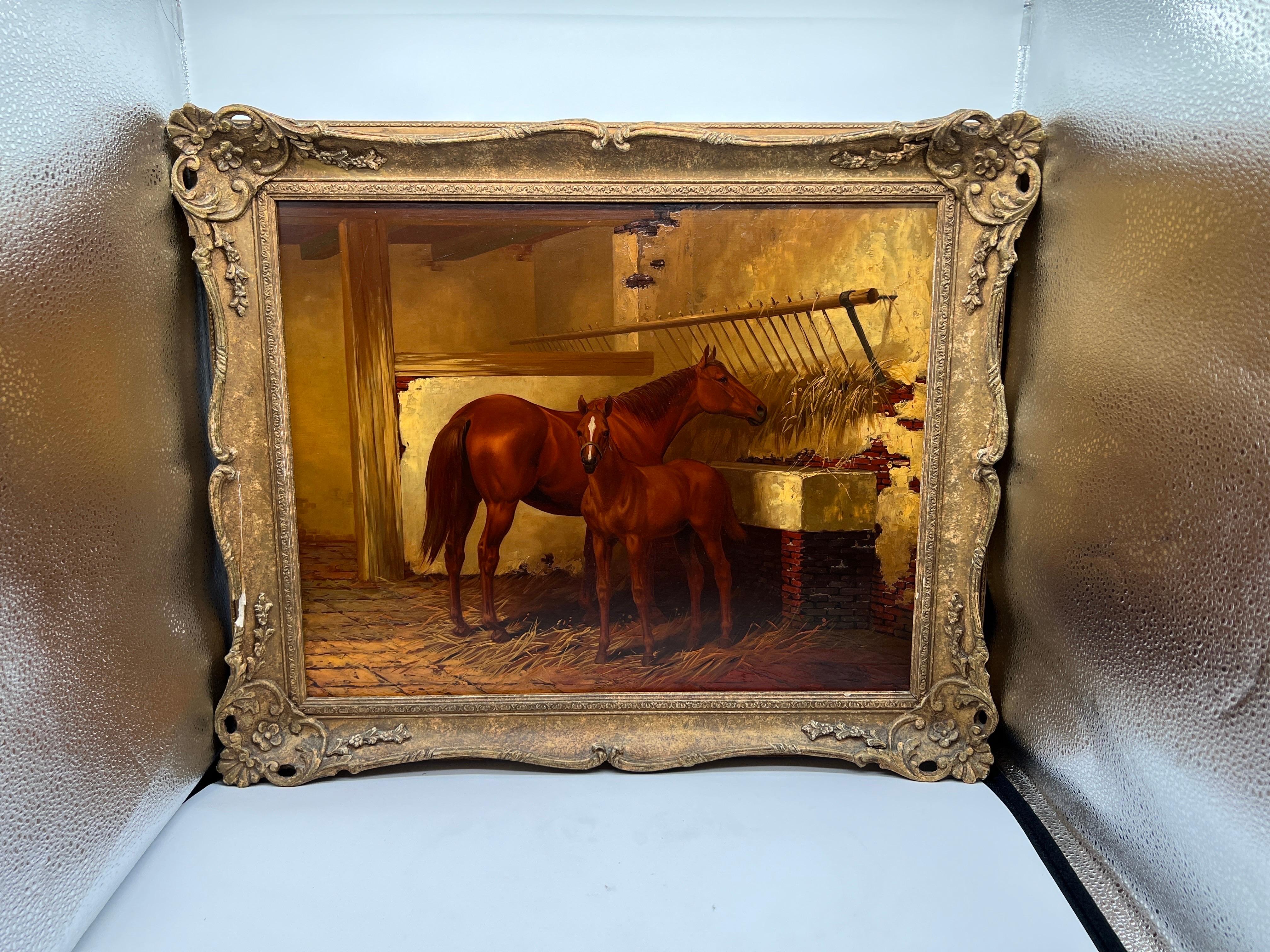 19th Century Superb Quality - Antique Equestrian Mare & Foal Stable Painting Illegibly Signed For Sale