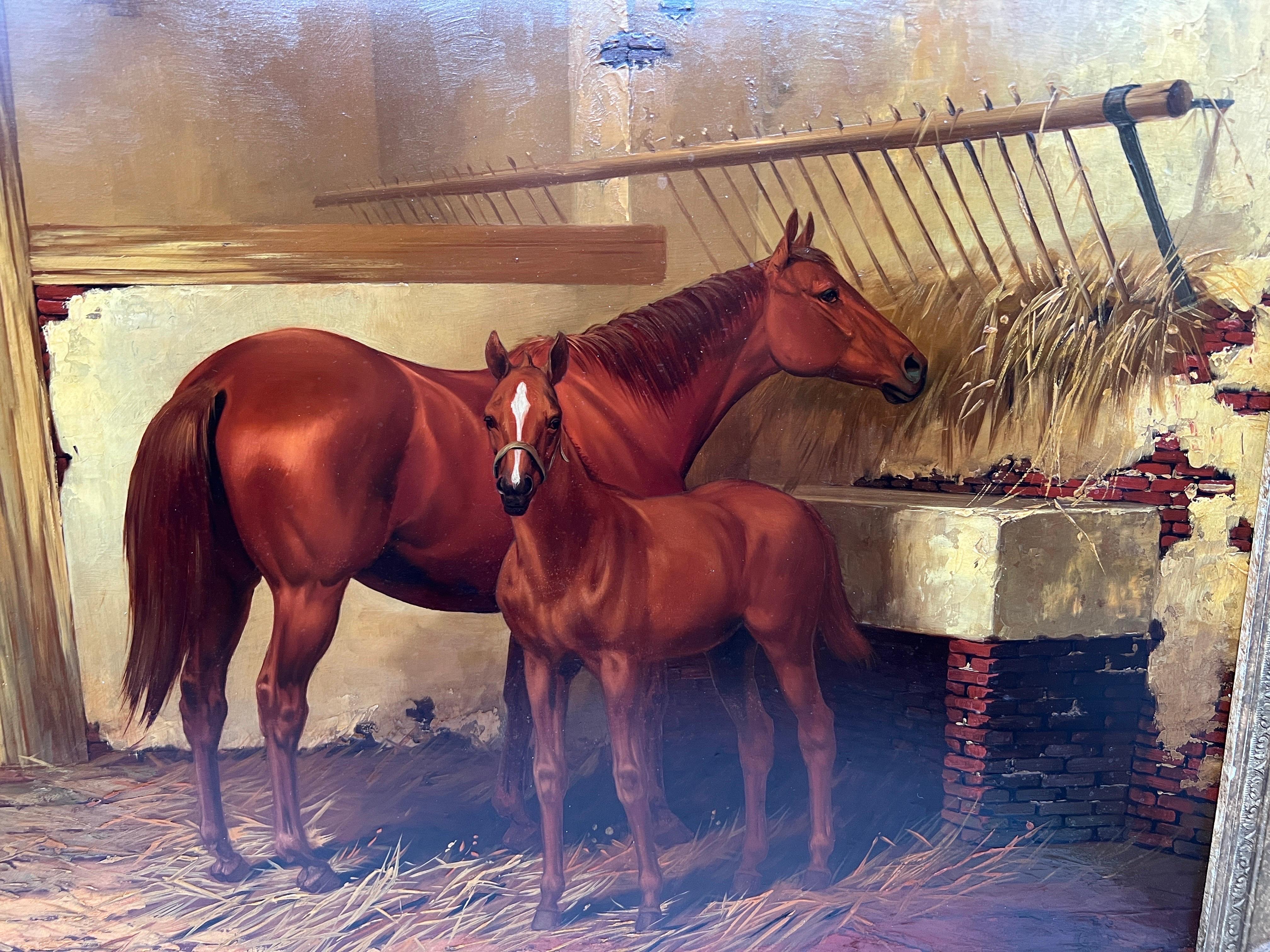Hervorragende Qualität – Antikes Gemälde „Equestrian Mare & Foal Stable“, unleserlich signiert (Vergoldetes Holz) im Angebot