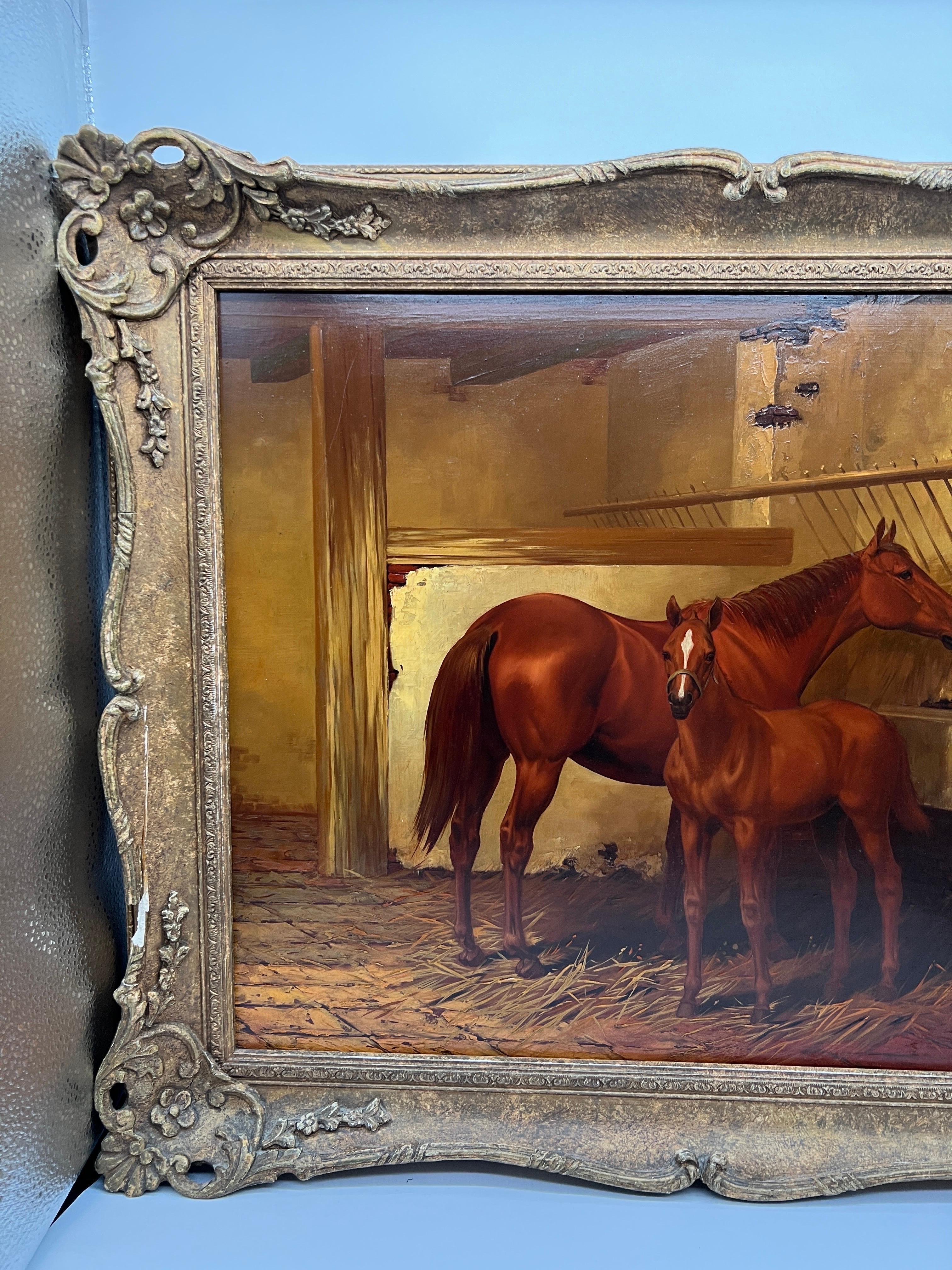 Superb Quality - Antique Equestrian Mare & Foal Stable Painting Illegibly Signed For Sale 1