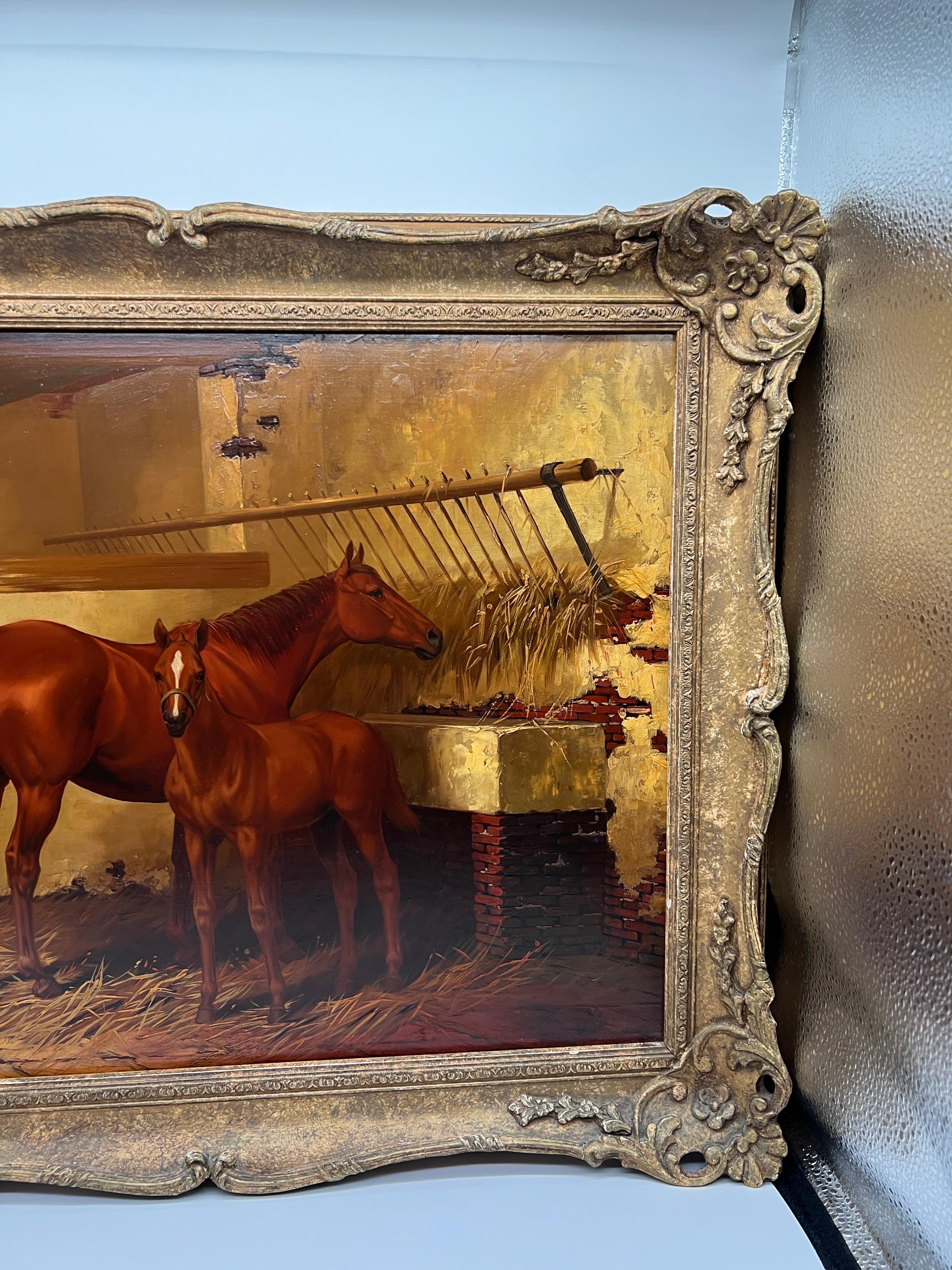 Superbe peinture équestre ancienne de Mare & Foal Stable signée illisible en vente 1
