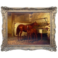Magnífica calidad - Pintura antigua de yegua y potro de caballeriza firmada de forma ilegible