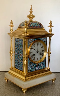 Superb Quality Antique French Champlevé Enamel Gilt Bronze Ormolu Mantel Clock