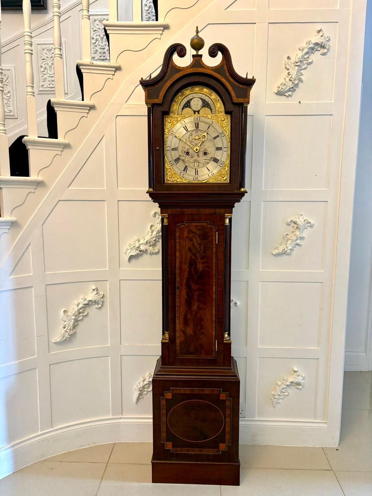 Superb Quality Antique George III Inlaid Mahogany Brass Face Longcase Clock For Sale 5