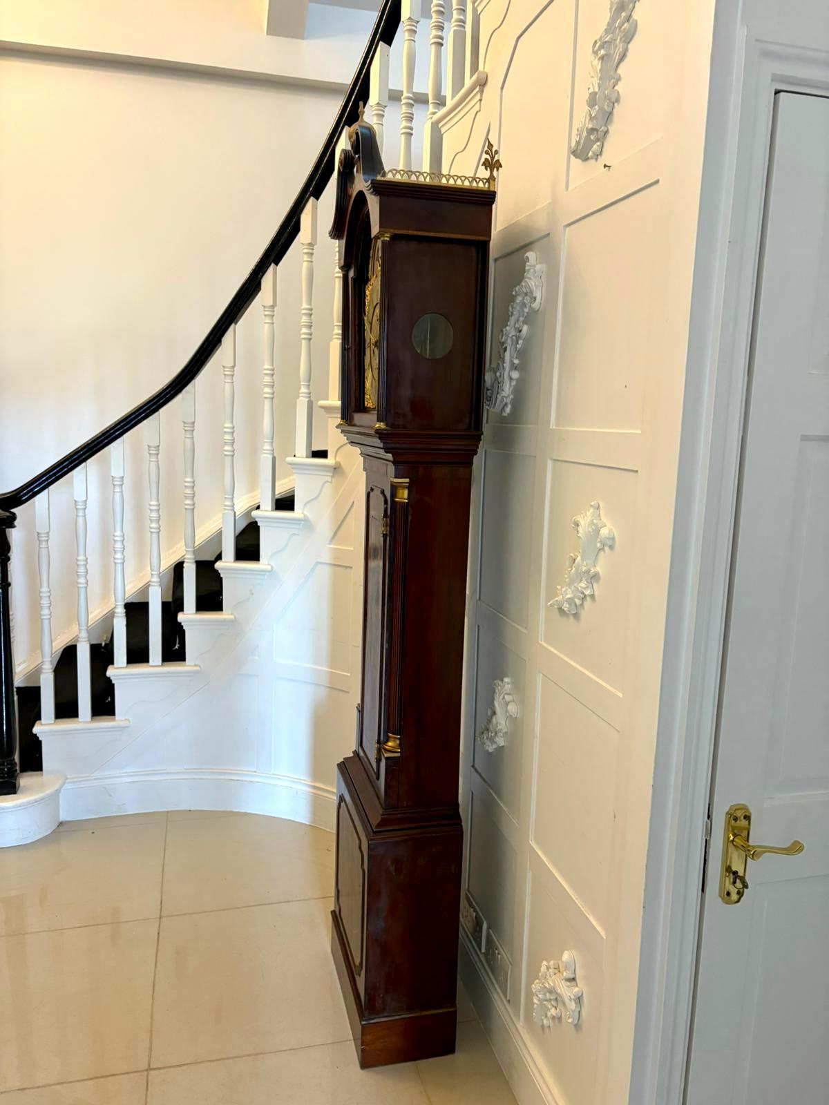 English Superb Quality Antique George III Inlaid Mahogany Brass Face Longcase Clock For Sale