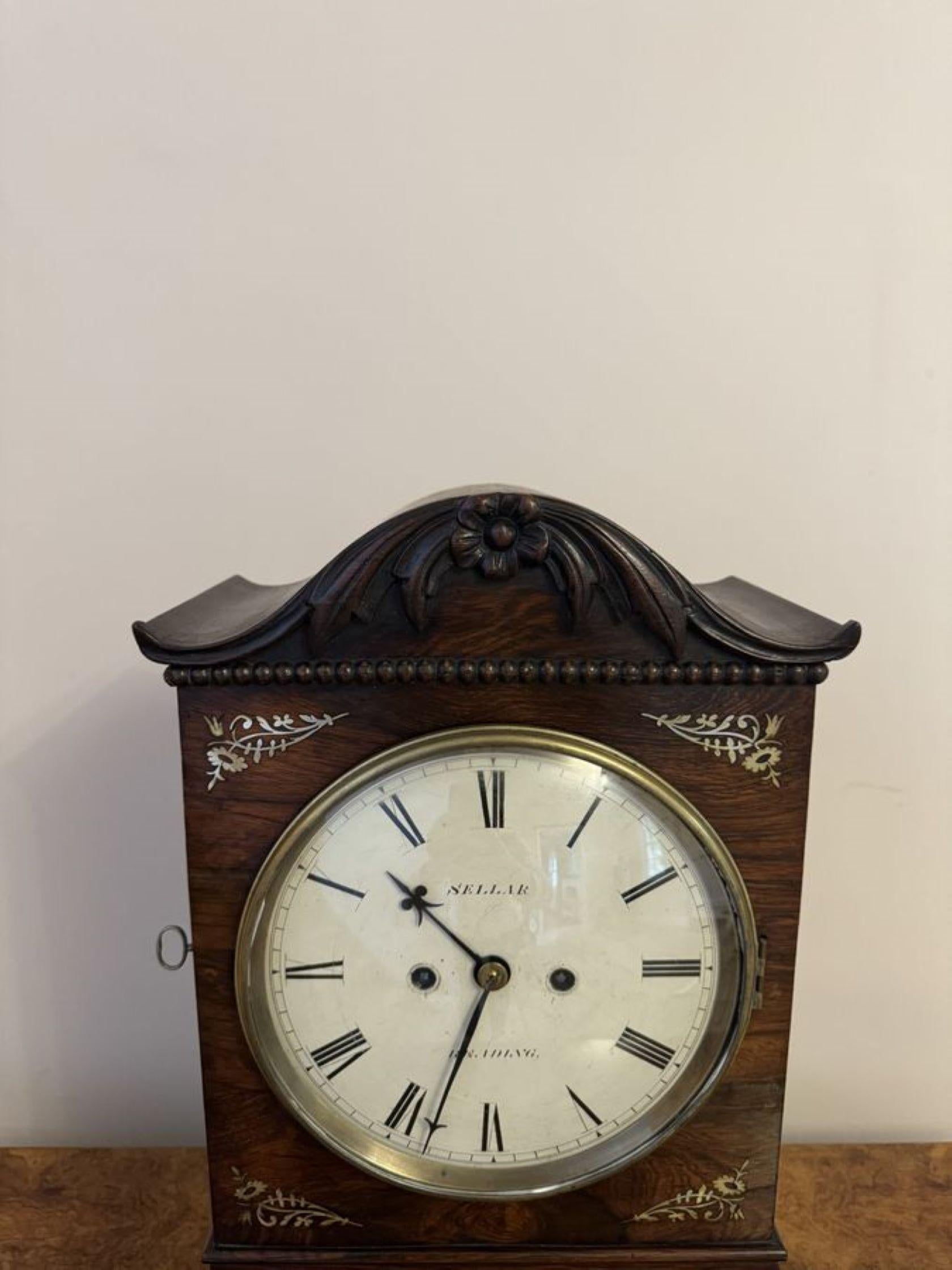 Superb quality antique Regency rosewood inlaid bracket clock by Seller of Reading, having a brass bezel and a signed circular white dial with Roman numerals and the original hands, twin winding holes and an eight day English double fusee movement