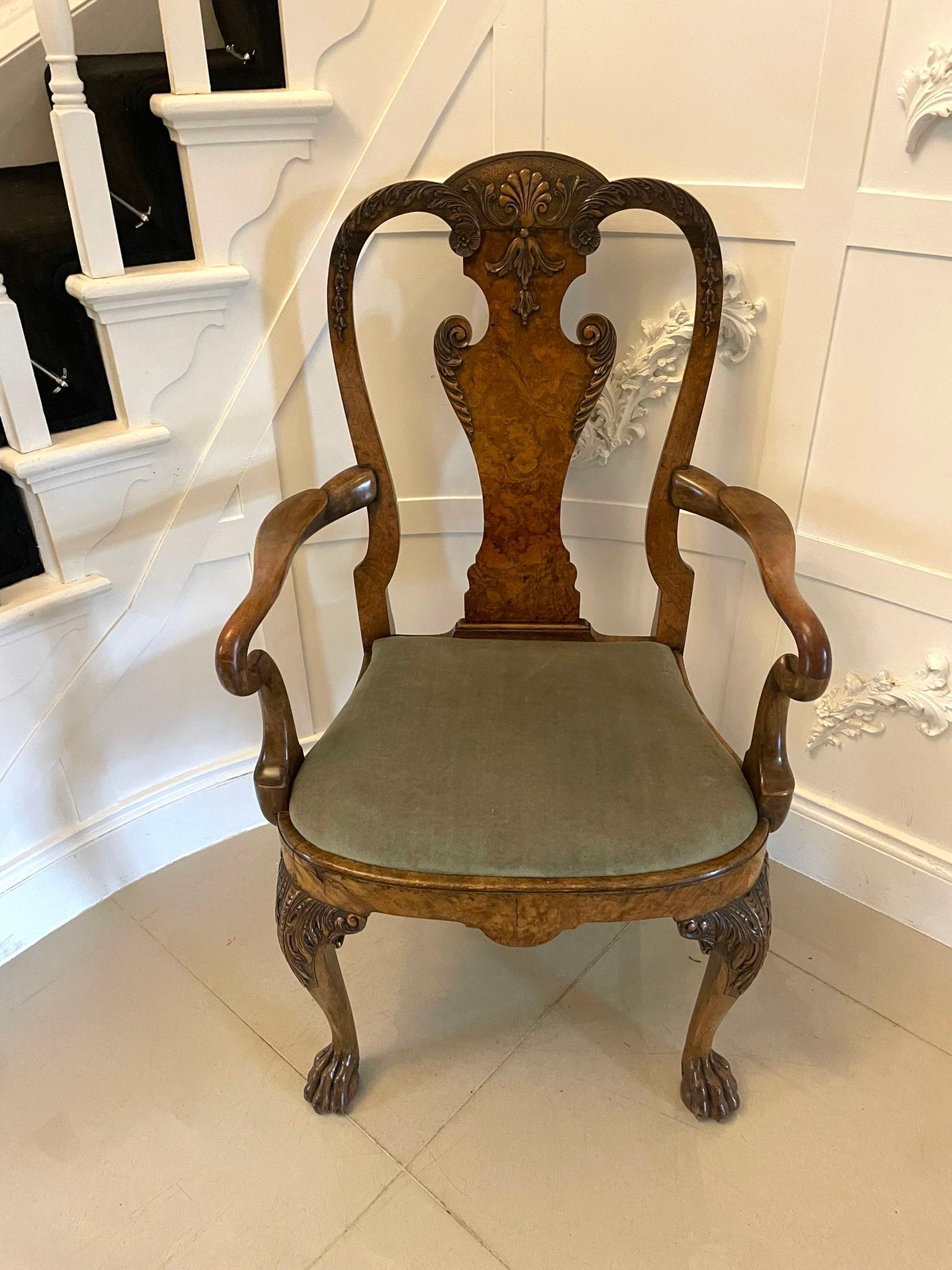Superb quality antique Victorian burr and carved walnut desk chair having a superb quality carved walnut back with a shaped burr walnut splat, shaped open arms, newly reupholstered seat in a quality fabric standing on shaped carved cabriole legs