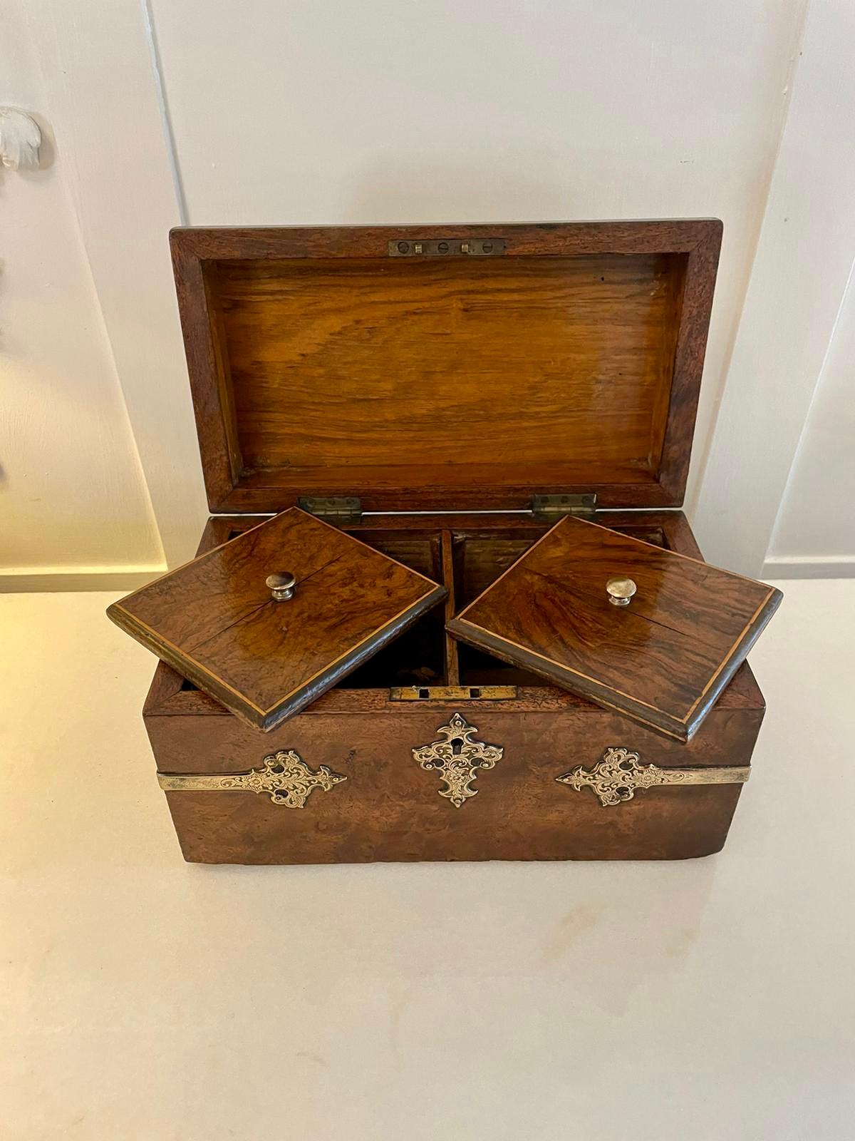 English Superb Quality Antique Victorian Burr Walnut and Brass Mounted Tea Caddy For Sale