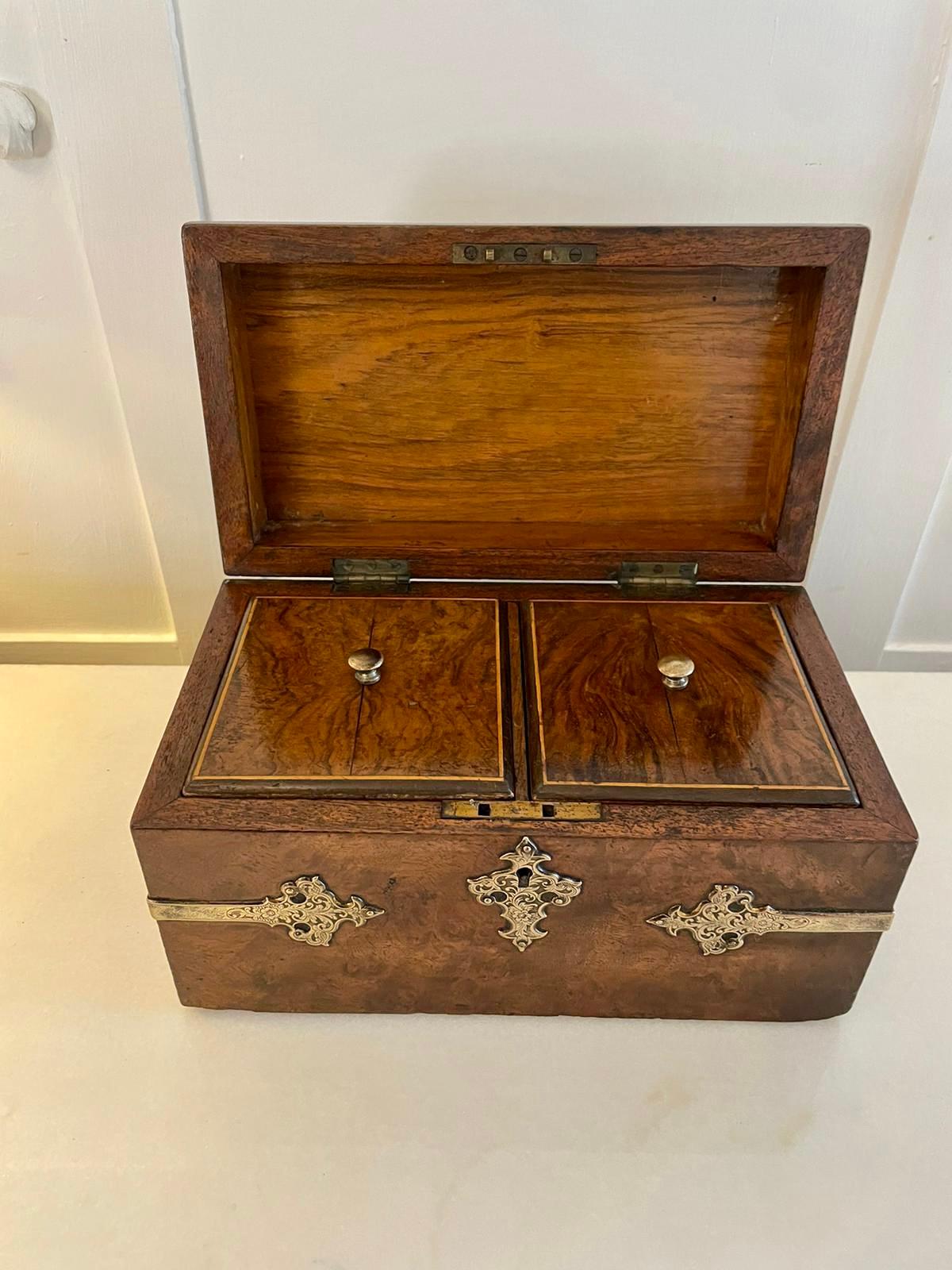 Superb Quality Antique Victorian Burr Walnut and Brass Mounted Tea Caddy For Sale 1