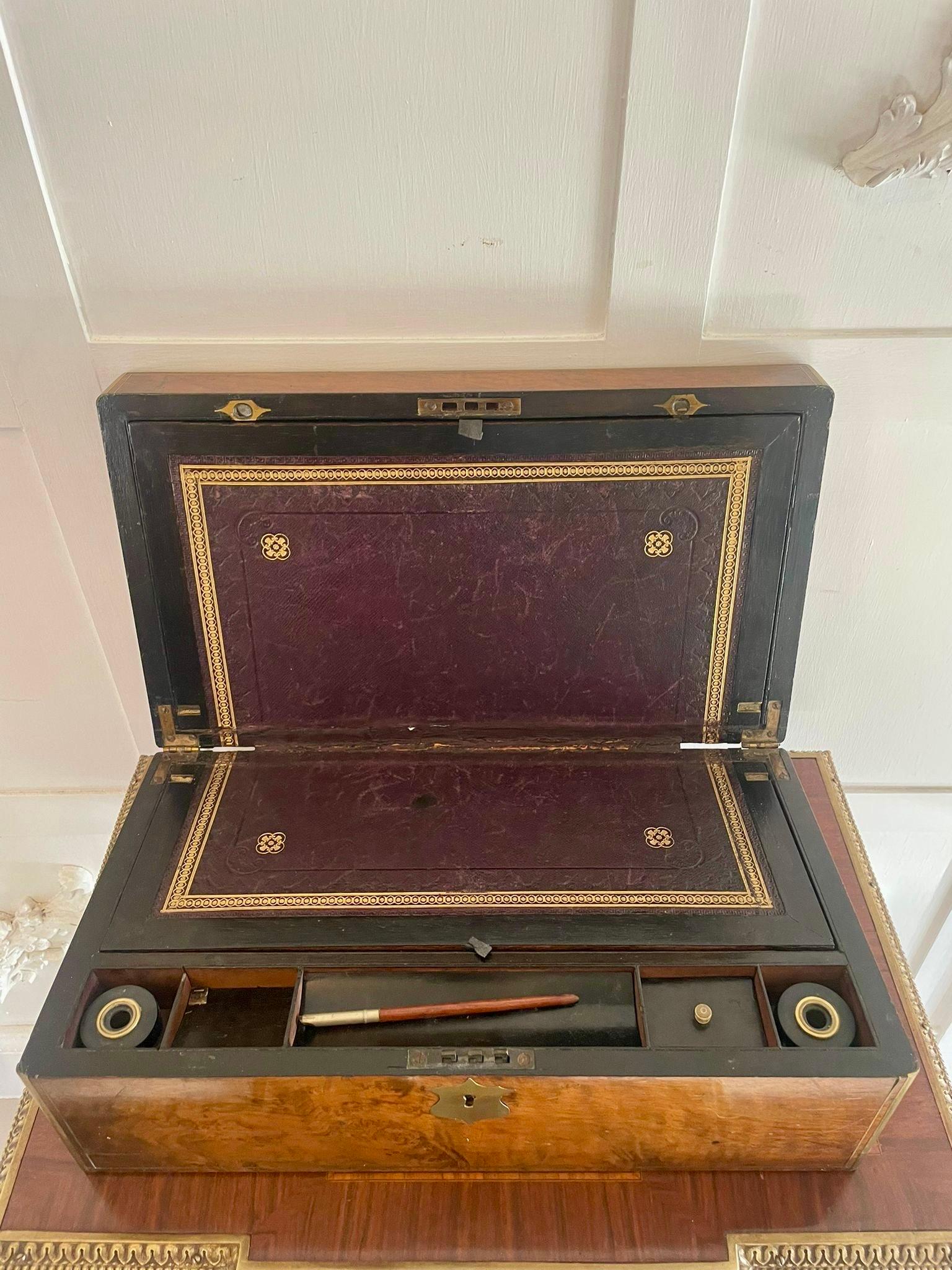 Superb Quality Antique Victorian Burr Walnut Brass Bound Writing Box For Sale 5