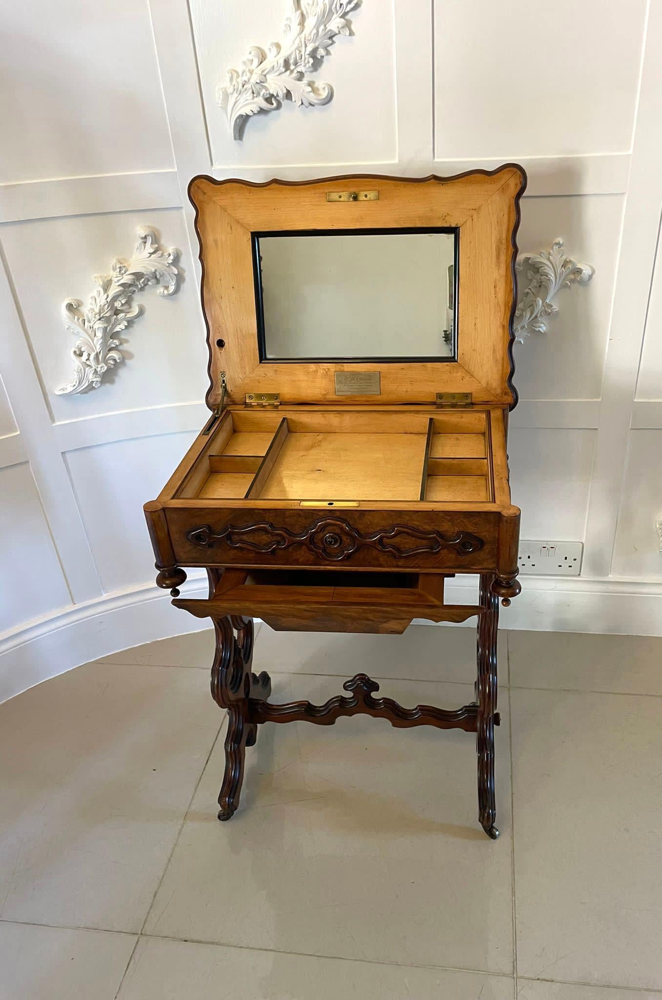 English Superb Quality Antique Victorian Burr Walnut Sewing Table For Sale
