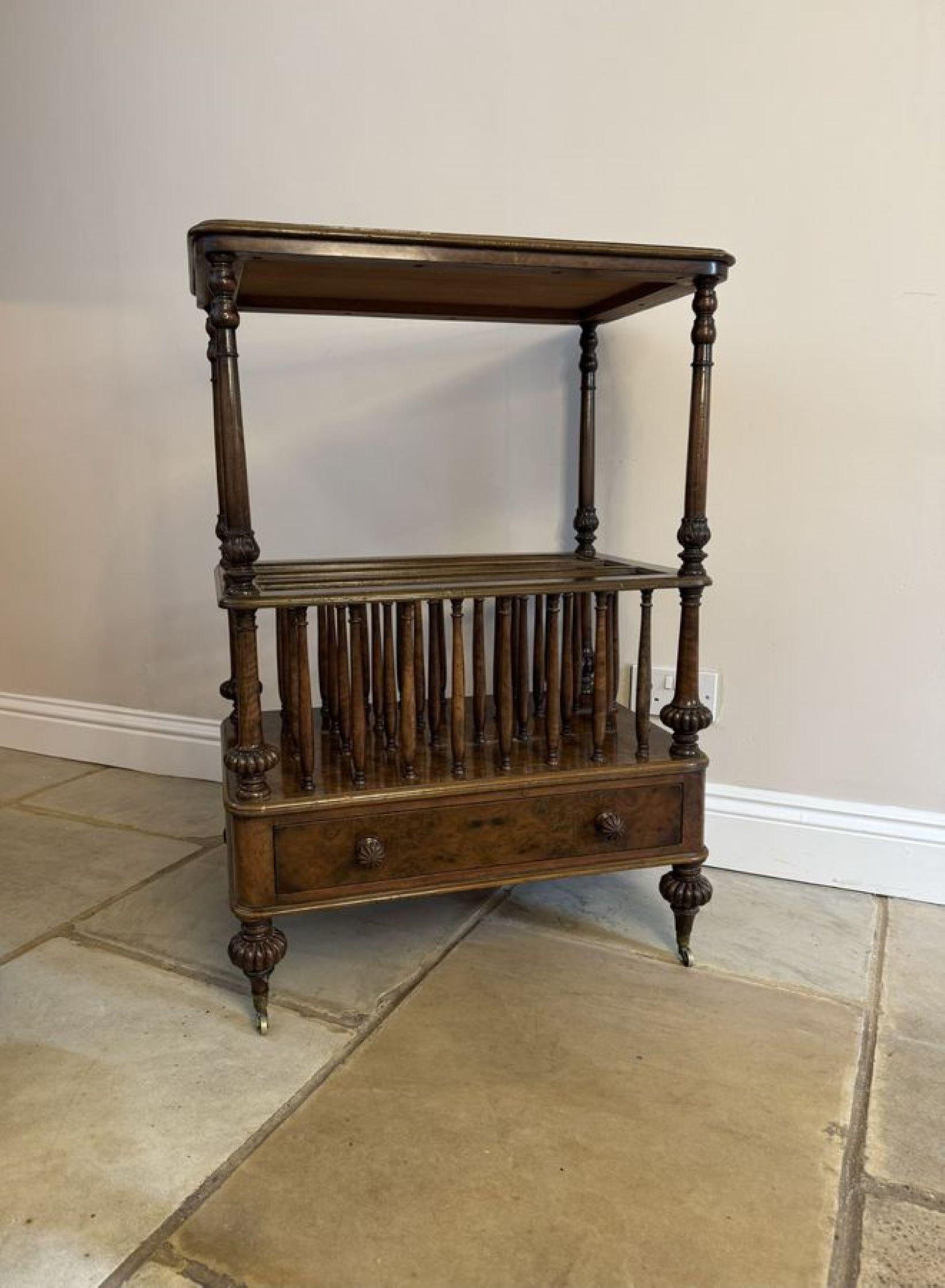 Superb quality antique Victorian freestanding burr walnut Canterbury whatnot, having a superb quality burr walnut top with a moulded edge, supported by turned carved walnut columns above three sections supported by turned columns, having a single