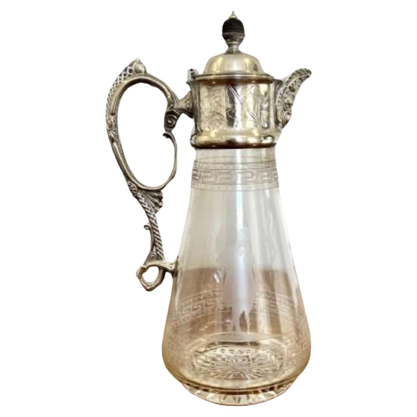Superb quality antique Victorian glass and silver plated claret jug For Sale