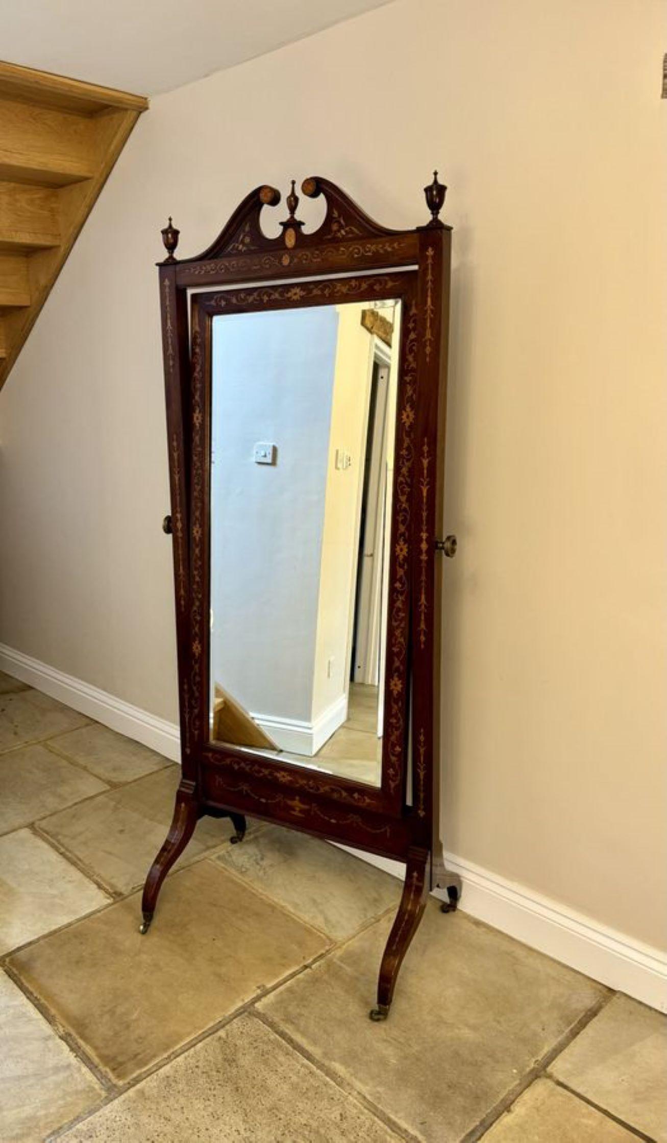 Superb quality antique Victorian mahogany inlaid cheval mirror, having a superb quality mahogany inlaid swan neck pediment above a bevelled edge adjustable mirror in a beautiful mahogany inlaid frame, standing on shaped sabra legs with the original