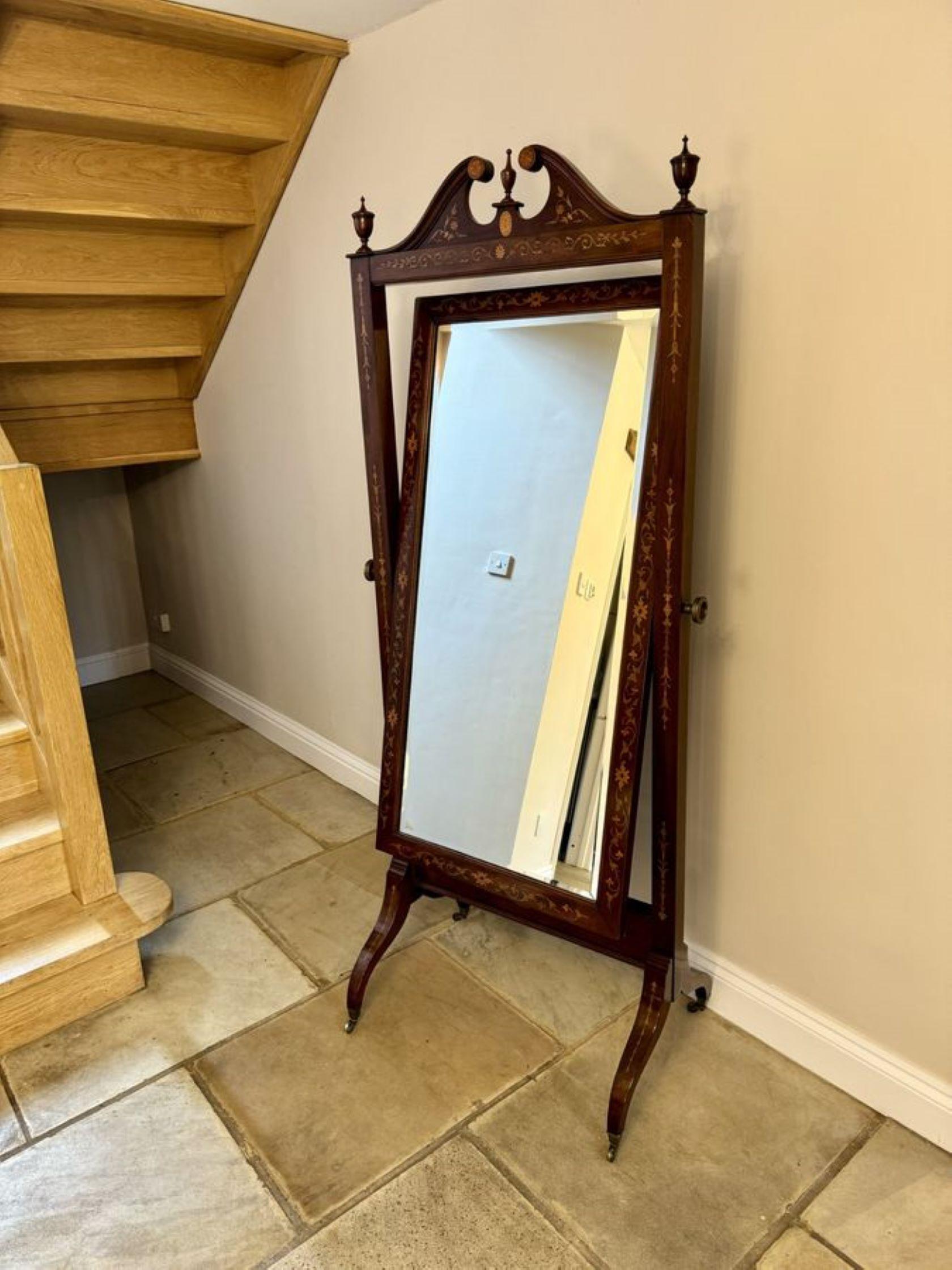 Superb quality antique Victorian mahogany inlaid cheval mirror  In Good Condition For Sale In Ipswich, GB