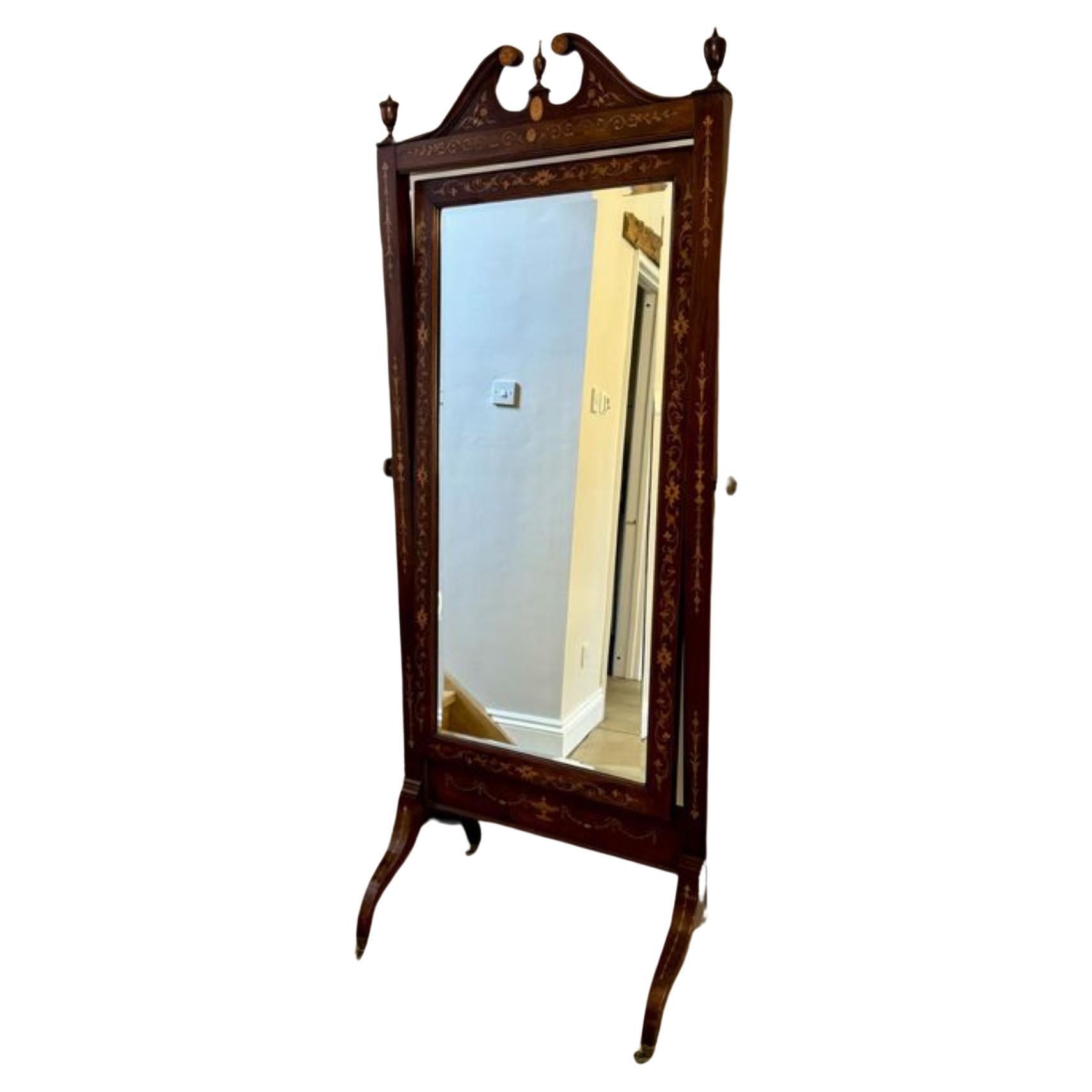 Superb quality antique Victorian mahogany inlaid cheval mirror  For Sale