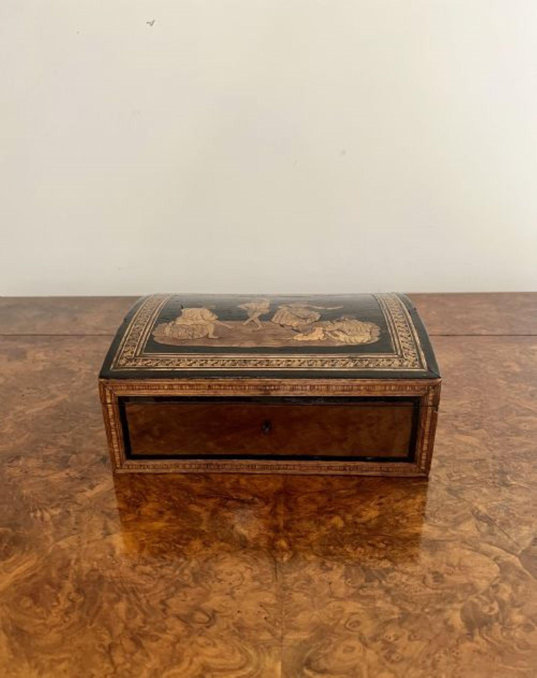 Superb quality antique Victorian walnut marquetry inlaid box having a superb quality marquetry inlaid dome top opening to reveal a storage compartment