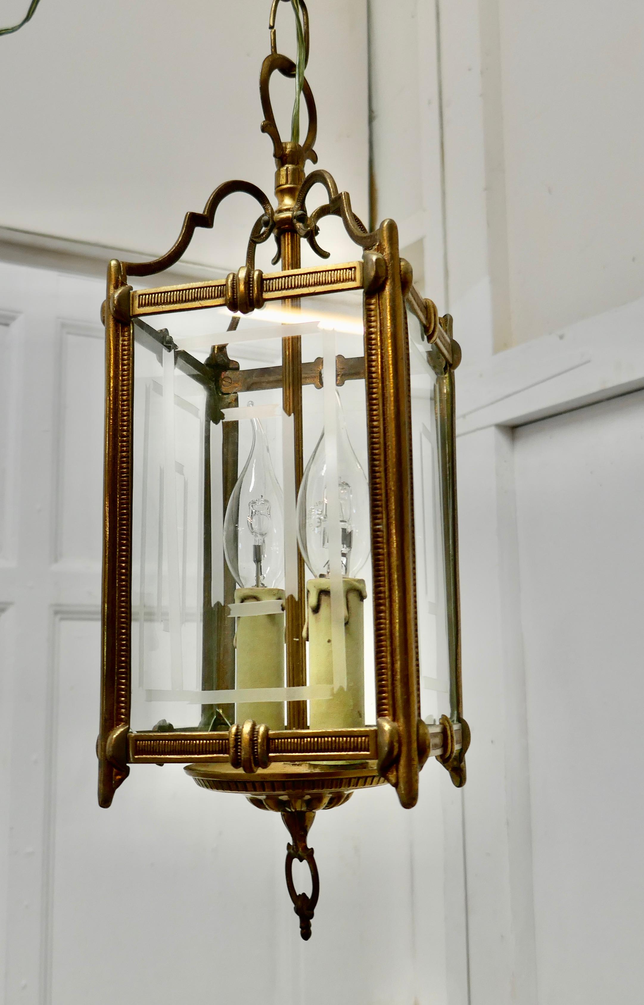 Superb Quality Art Deco French Brass and Etched Glass Lantern In Good Condition In Chillerton, Isle of Wight