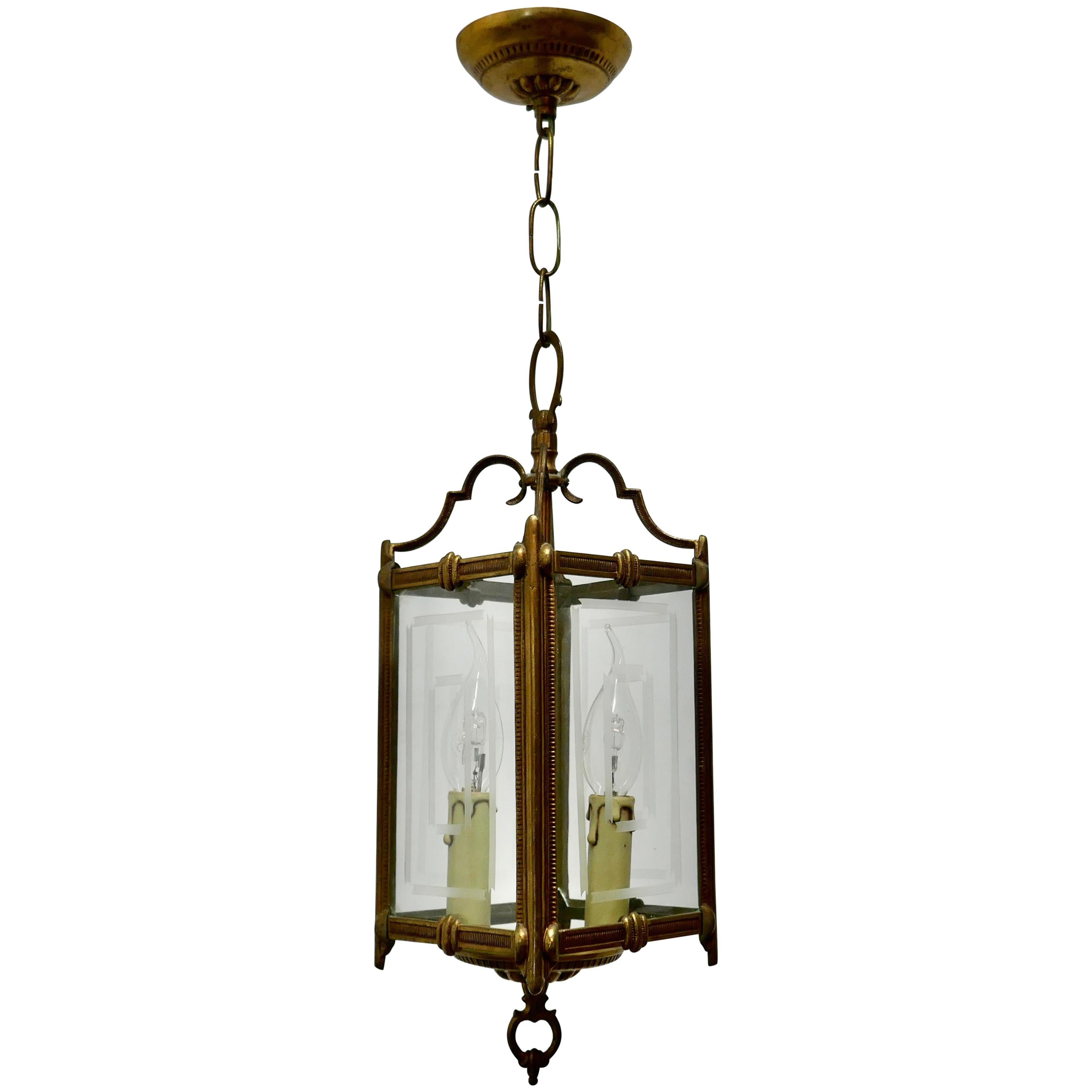 Superb Quality Art Deco French Brass and Etched Glass Lantern