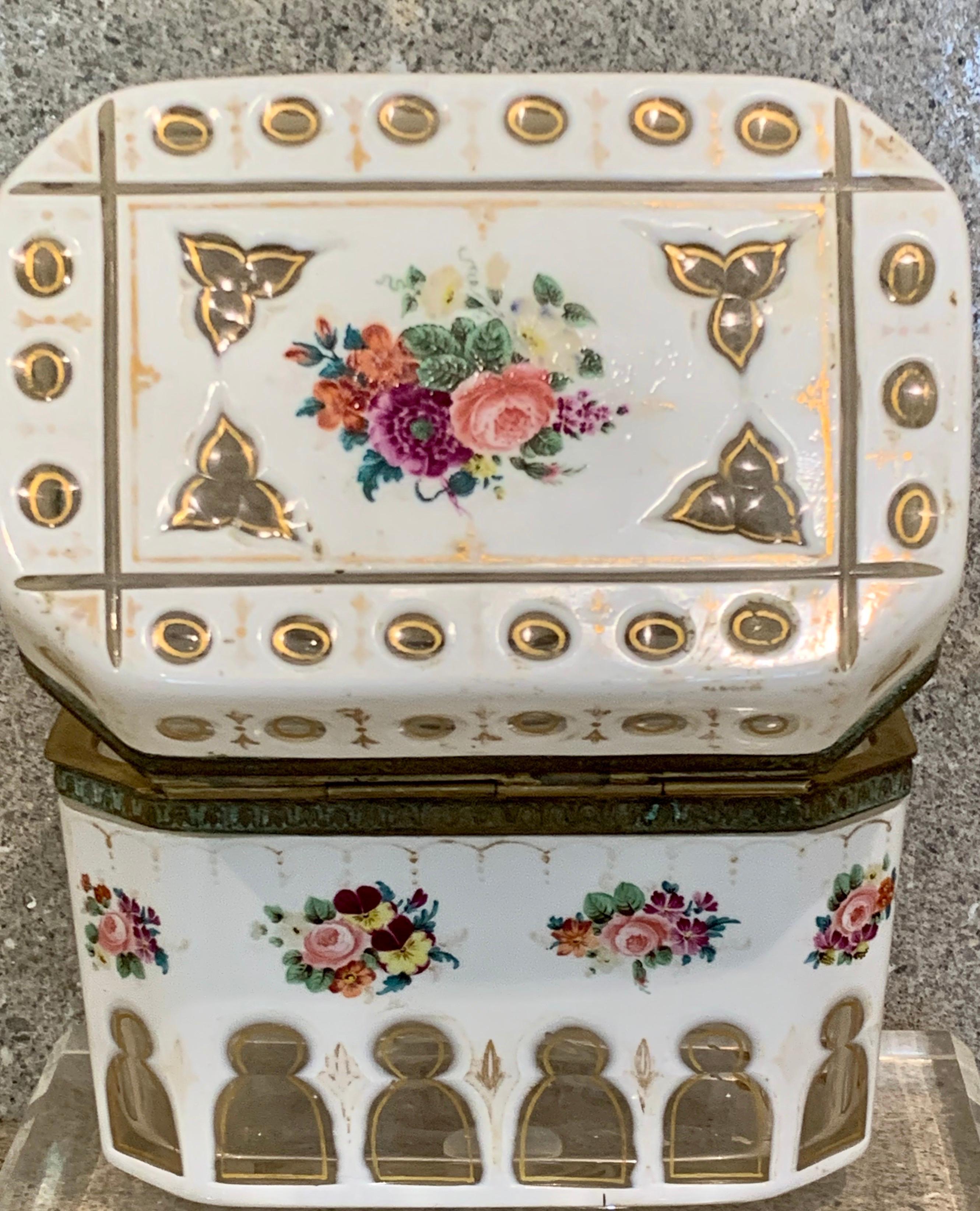 Mid-19th Century Superb Quality Bohemian White Overlay Floral Enamelled Casket / Box