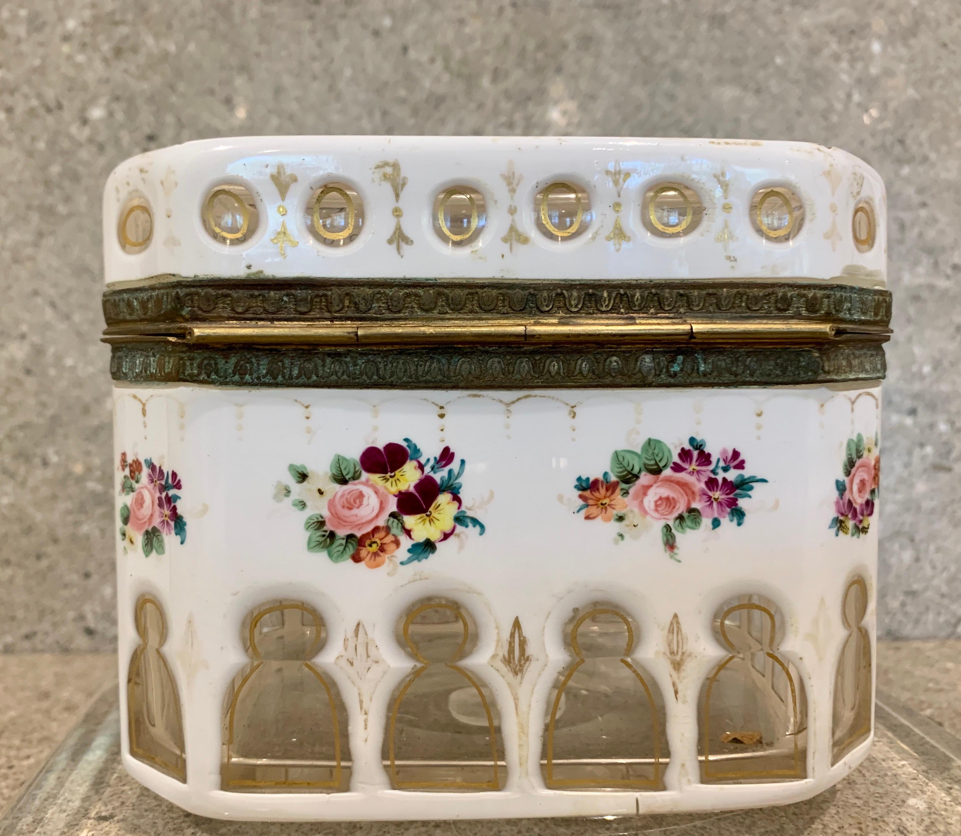 Superb Quality Bohemian White Overlay Floral Enamelled Casket / Box 1
