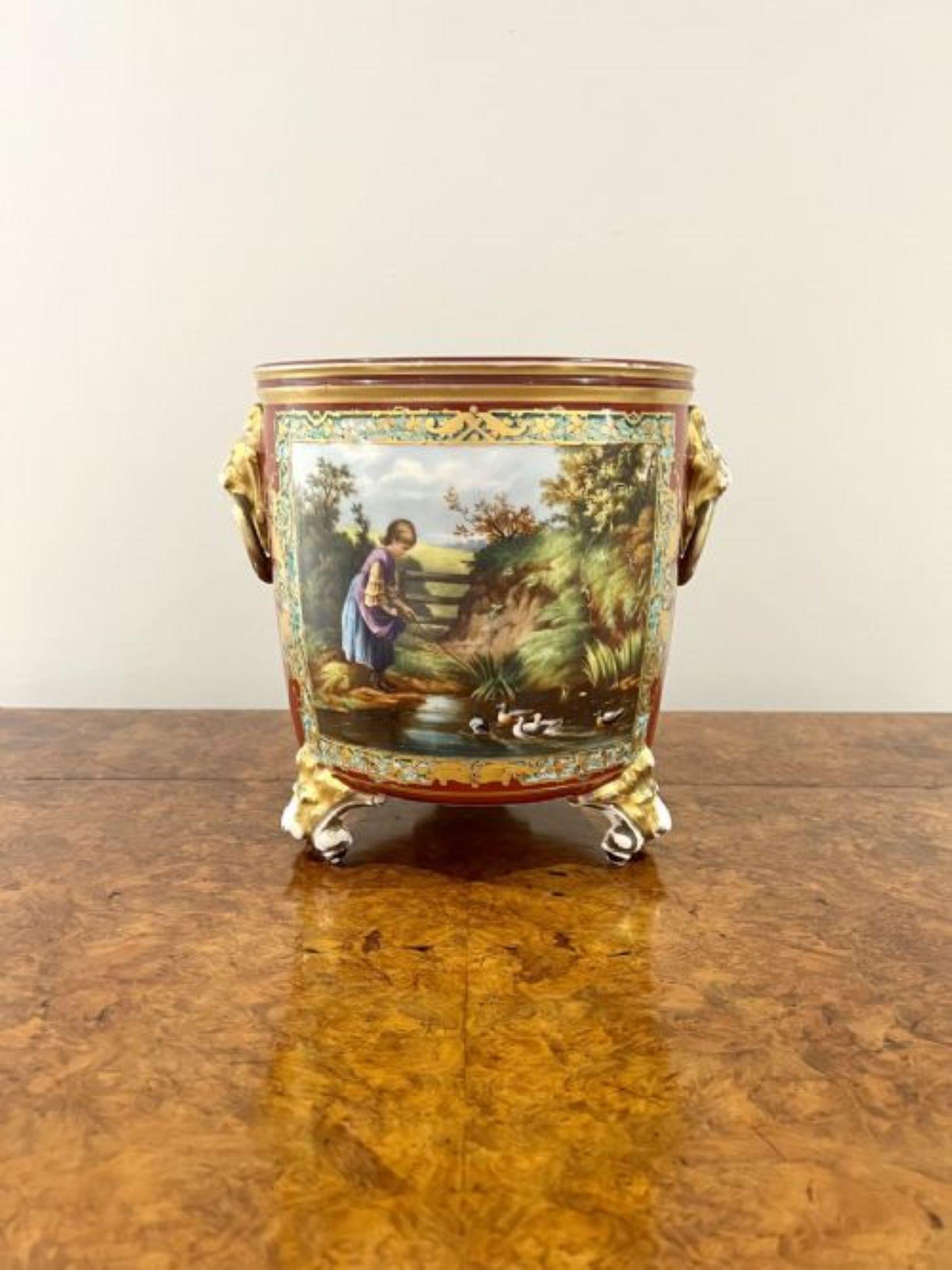 19th Century Superb quality French antique Victorian hand painted porcelain jardiniere  For Sale