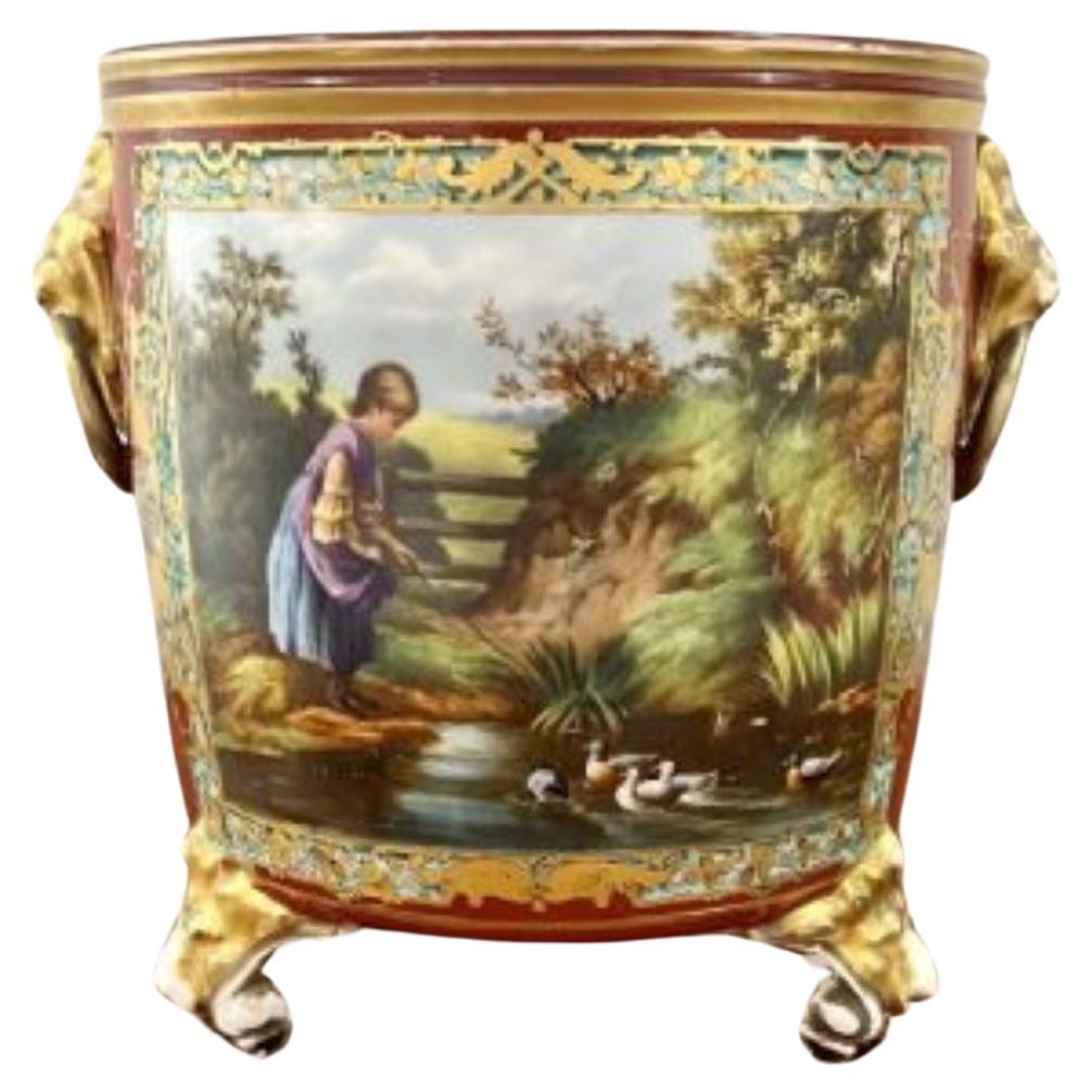 Superb quality French antique Victorian hand painted porcelain jardiniere  For Sale