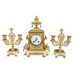 Superb Quality French Louis XV Bronze and White Marble Clock Set