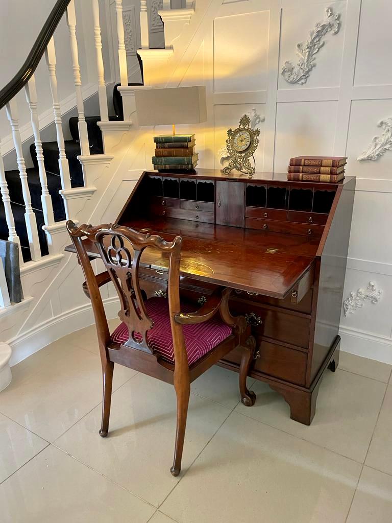 Superb quality large antique George III mahogany bureau having a superb quality mahogany fall opening to reveal a fitted interior consisting of a mahogany door to the centre flanked by four small and two long drawers with lovely original brass