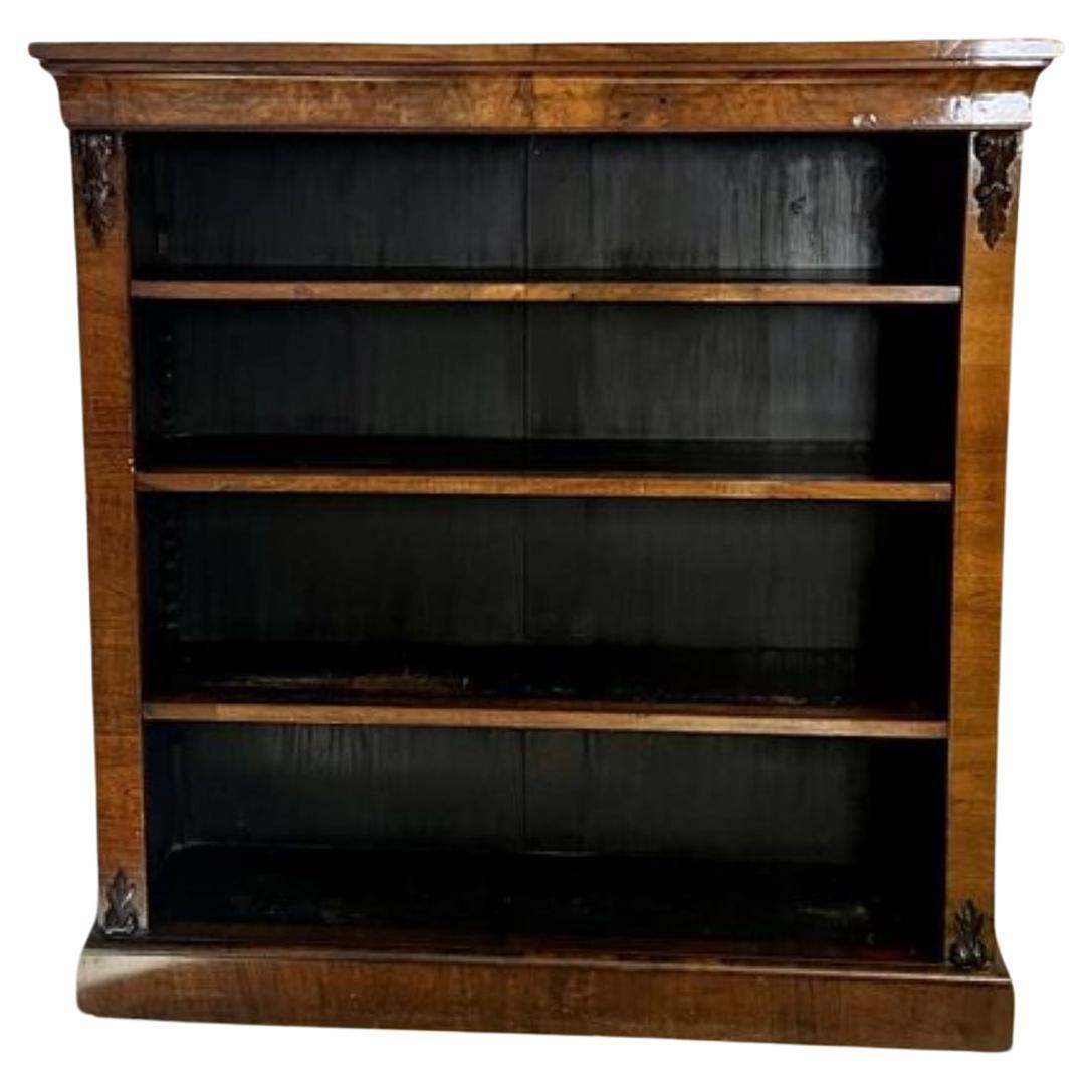 Superb quality large antique Victorian burr walnut open bookcase For Sale