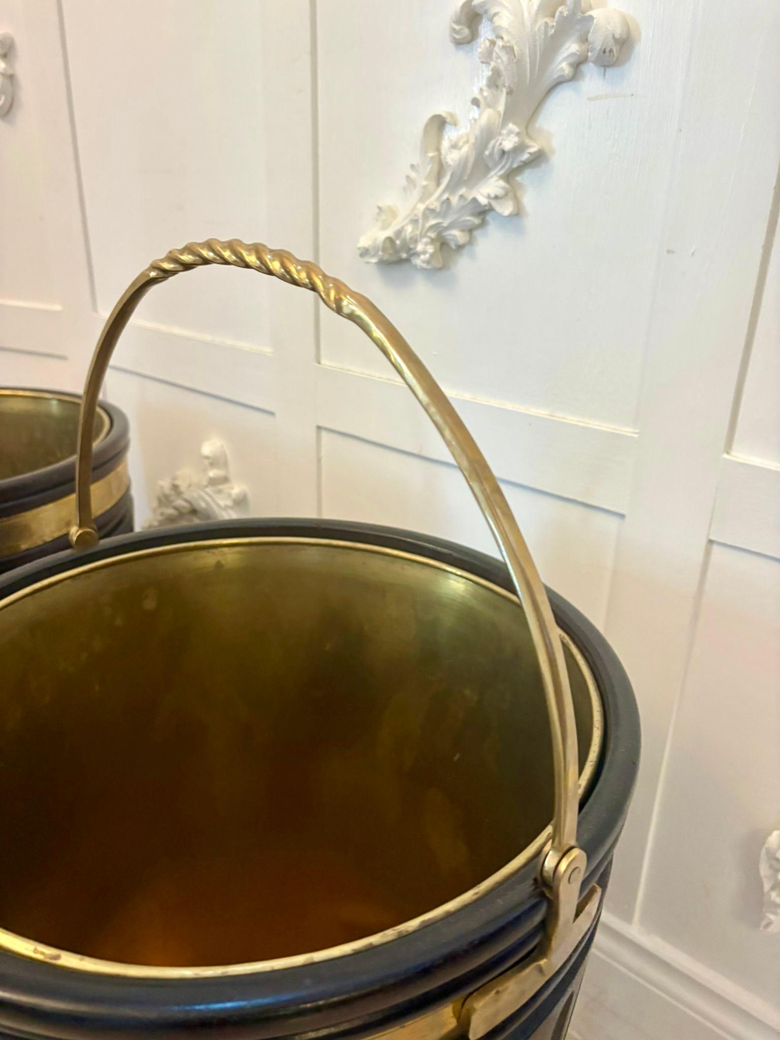 Superb quality large pair of antique Irish 19th century mahogany log buckets
having the original brass liners,brass swing carrying handle, reeded tapering mahogany bucket with a brass bounds.

A wonderful and unusual pair of fabulous proportions and