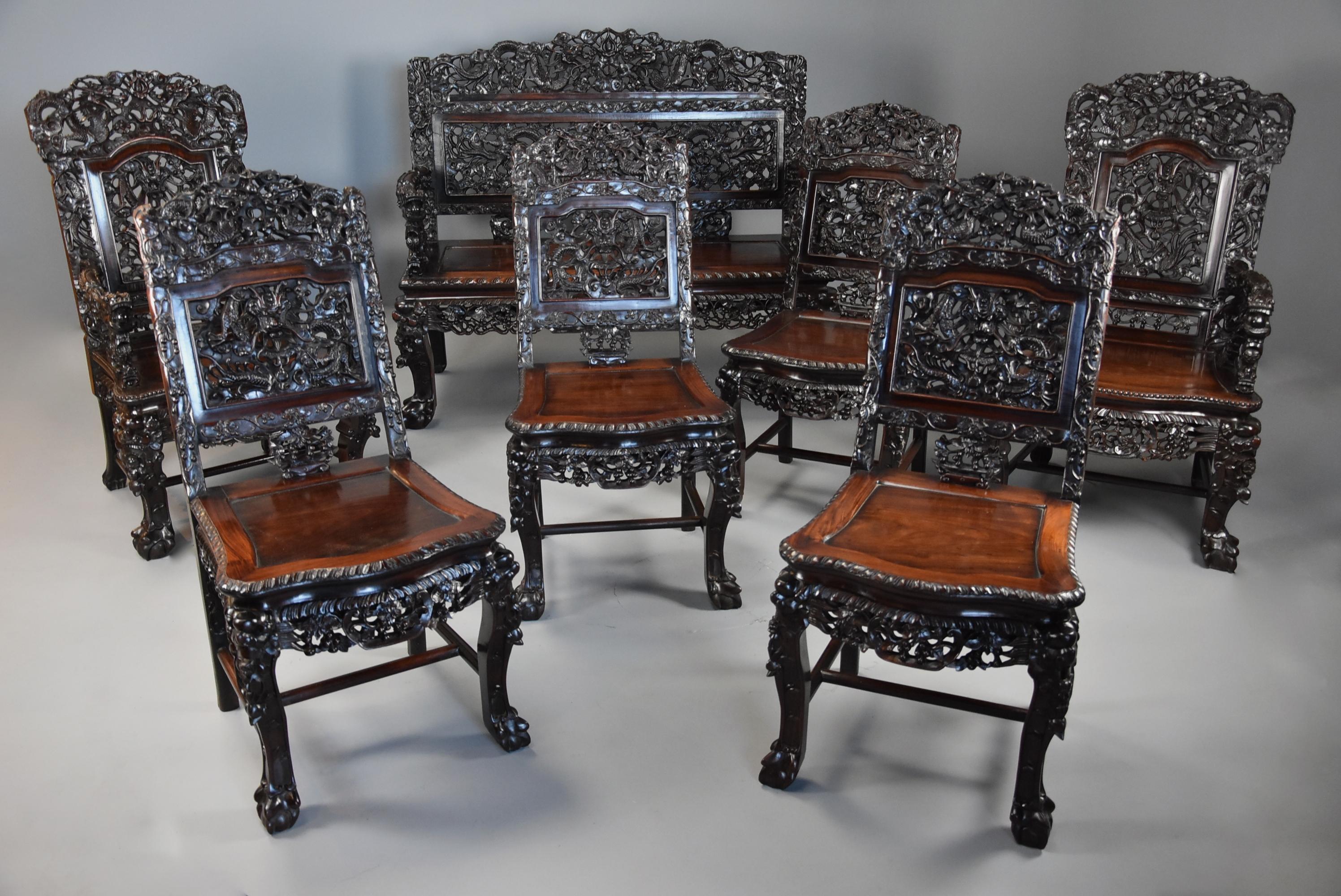 Superb Quality 19th Century Chinese Profusely Carved Padouk Seven Piece Suite In Good Condition In Suffolk, GB