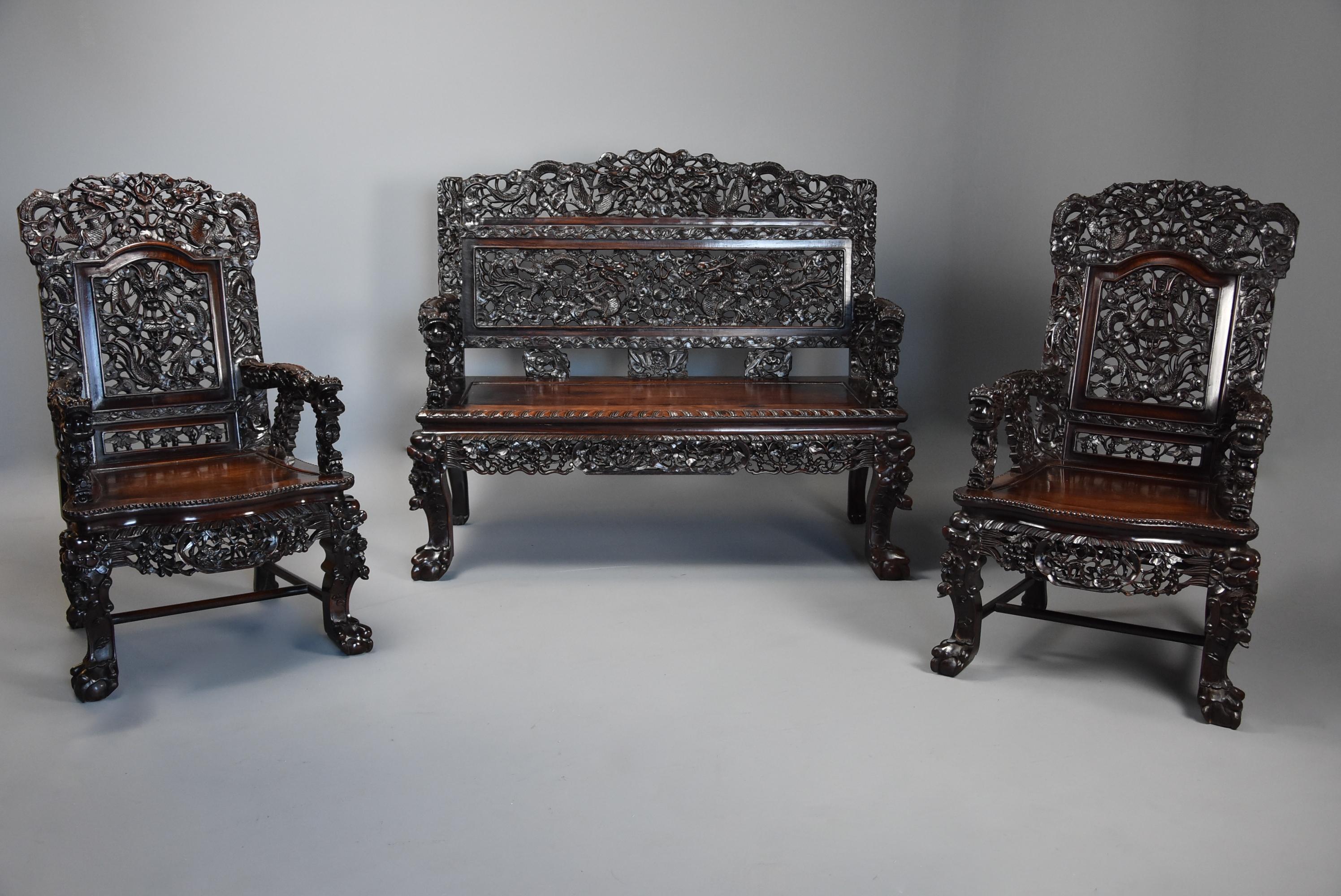 Superb Quality 19th Century Chinese Profusely Carved Padouk Seven Piece Suite 1