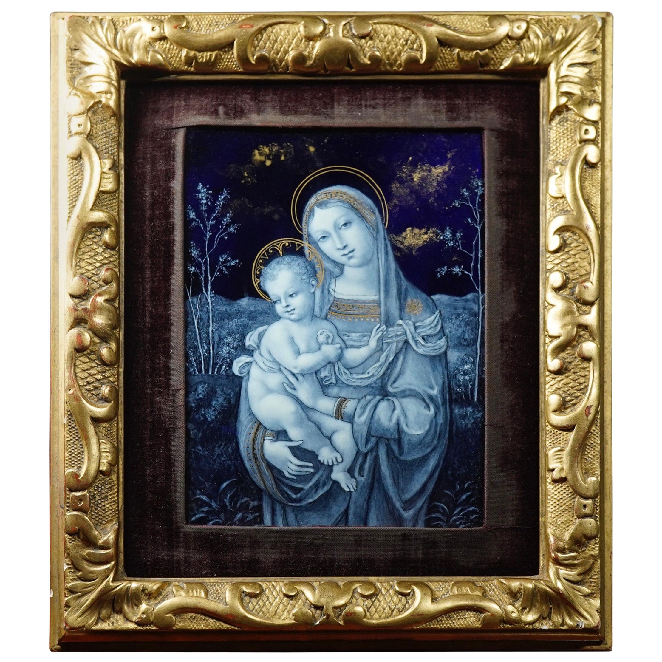 Superb Quality Limoges Enamel Plaque, Madonna and Child, 19th Century For Sale