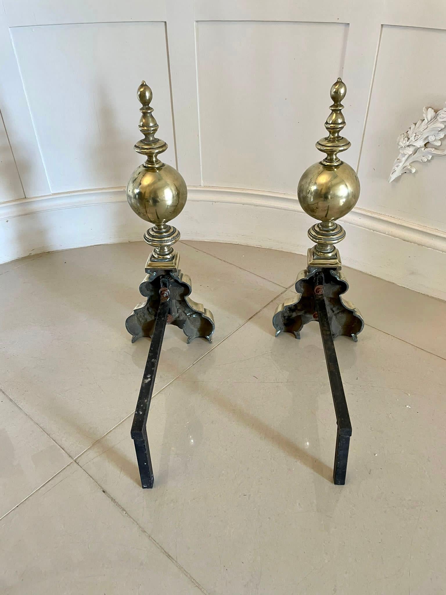 English Superb Quality Ornate Antique Victorian Pair of Brass Fire Dogs For Sale