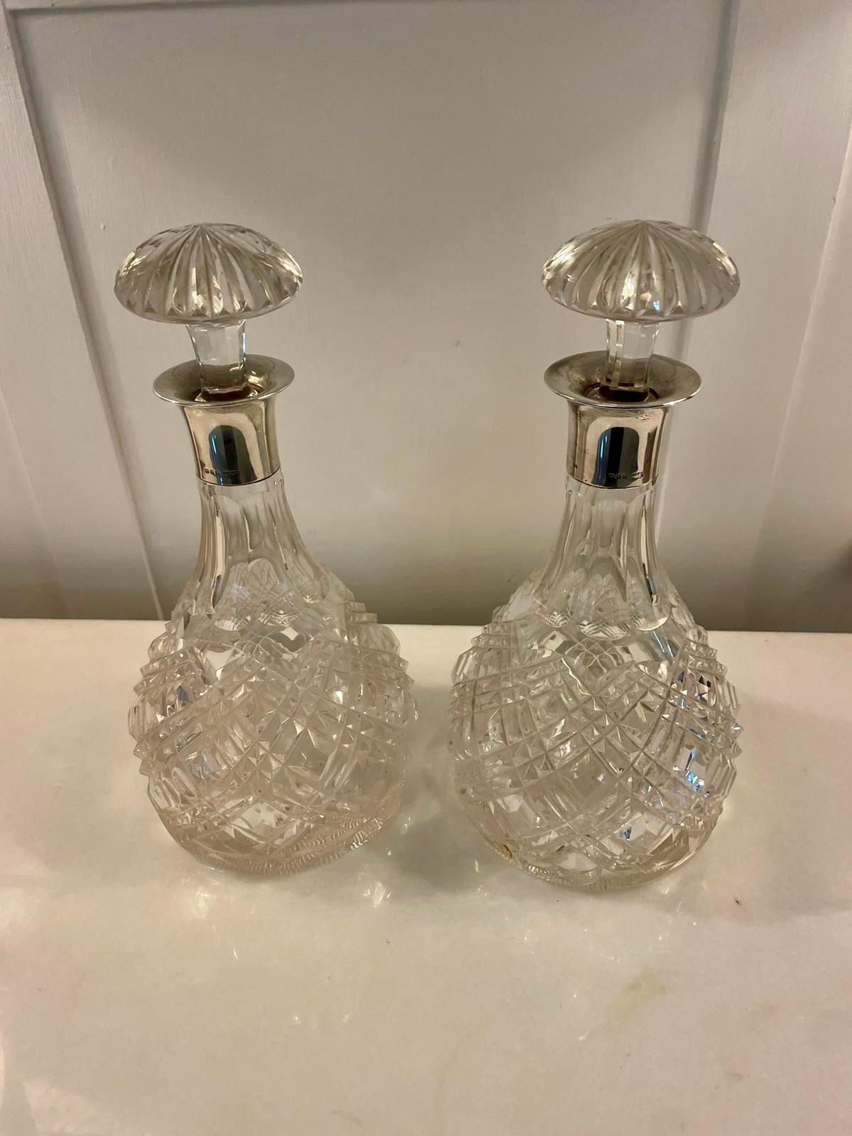 English Superb Quality Pair of Antique Edwardian Cut Glass Decanters with Silver Mounts  For Sale