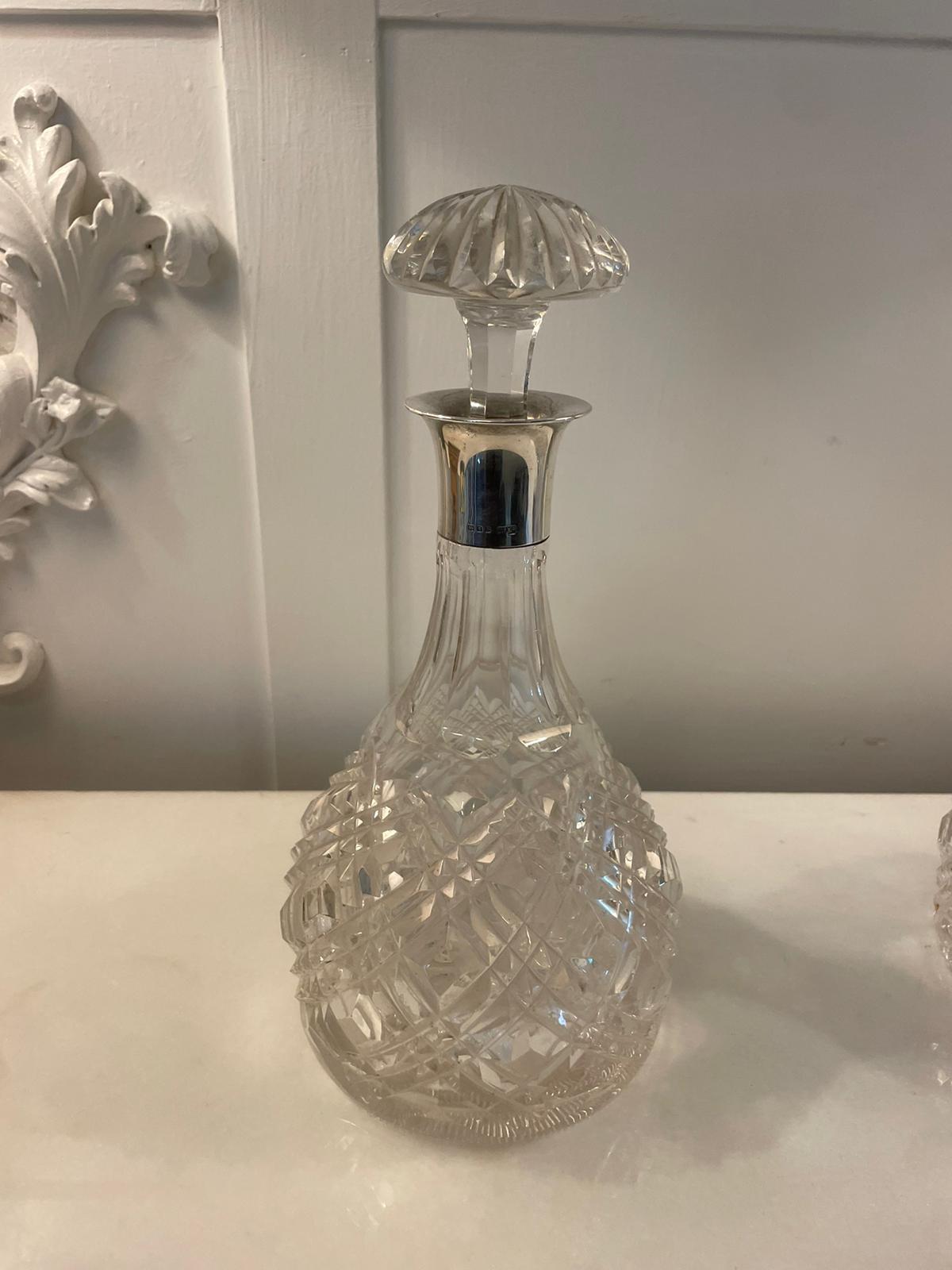 Superb Quality Pair of Antique Edwardian Cut Glass Decanters with Silver Mounts  For Sale 1